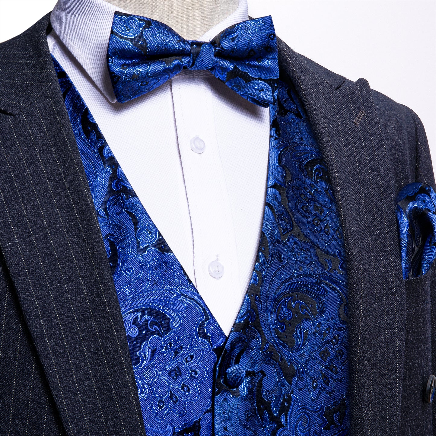 Designer Waistcoat Novelty Bowtie Vest Shiny French Fan Print Royal Blue