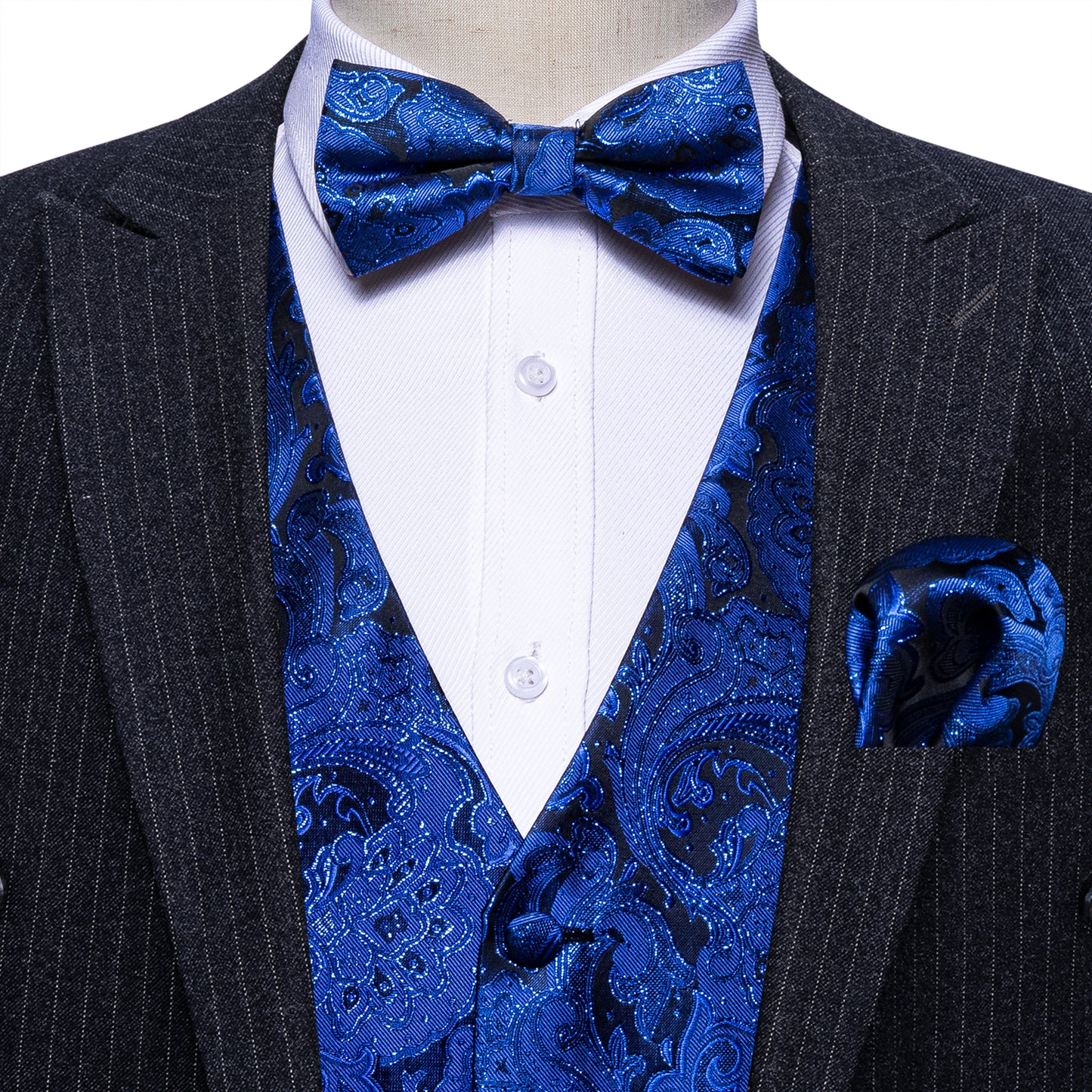 Designer Waistcoat Novelty Bowtie Vest Shiny French Fan Print Royal Blue