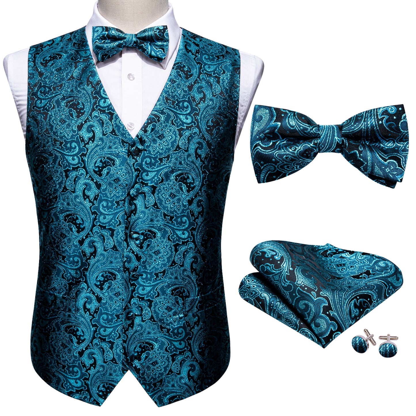 Designer Waistcoat Novelty Bowtie Vest Shiny French Fan Print Aqua Blue