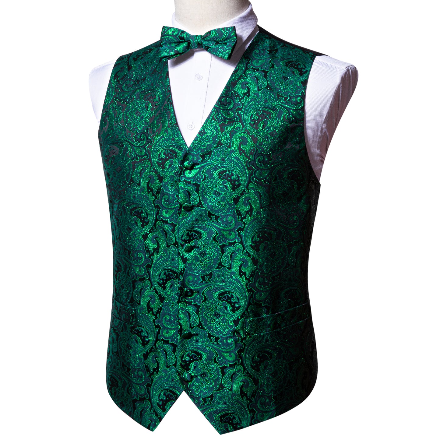 Designer Waistcoat Novelty Bowtie Vest Shiny French Fan Print Pine Green