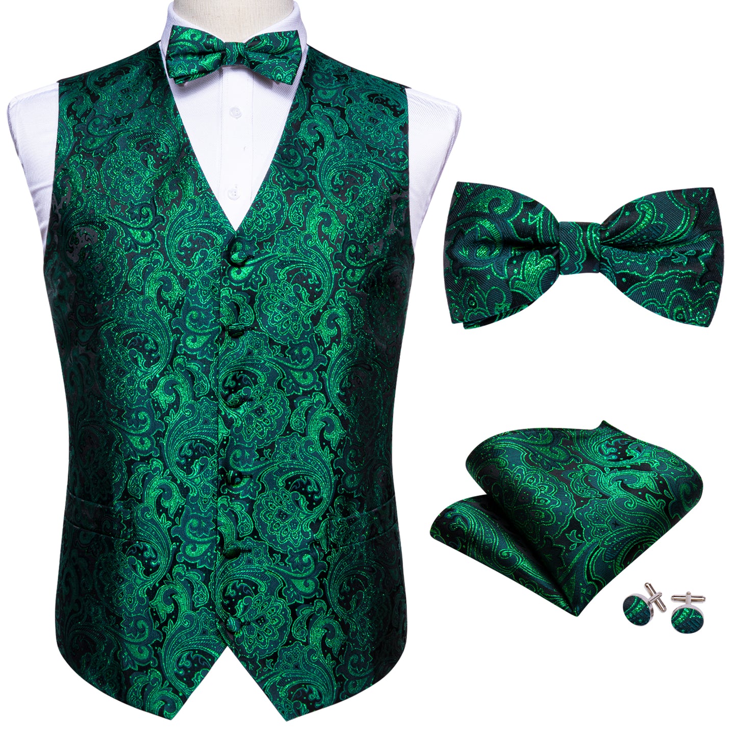Designer Waistcoat Novelty Bowtie Vest Shiny French Fan Print Pine Green