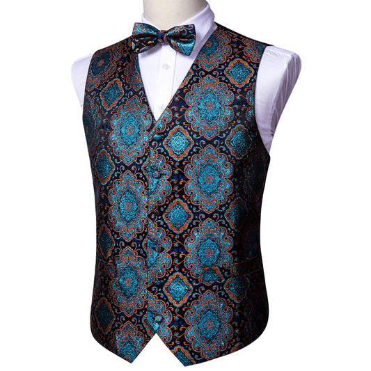 Designer Waistcoat Novelty Bowtie Vest Shiny Diamond Print Aqua Blue
