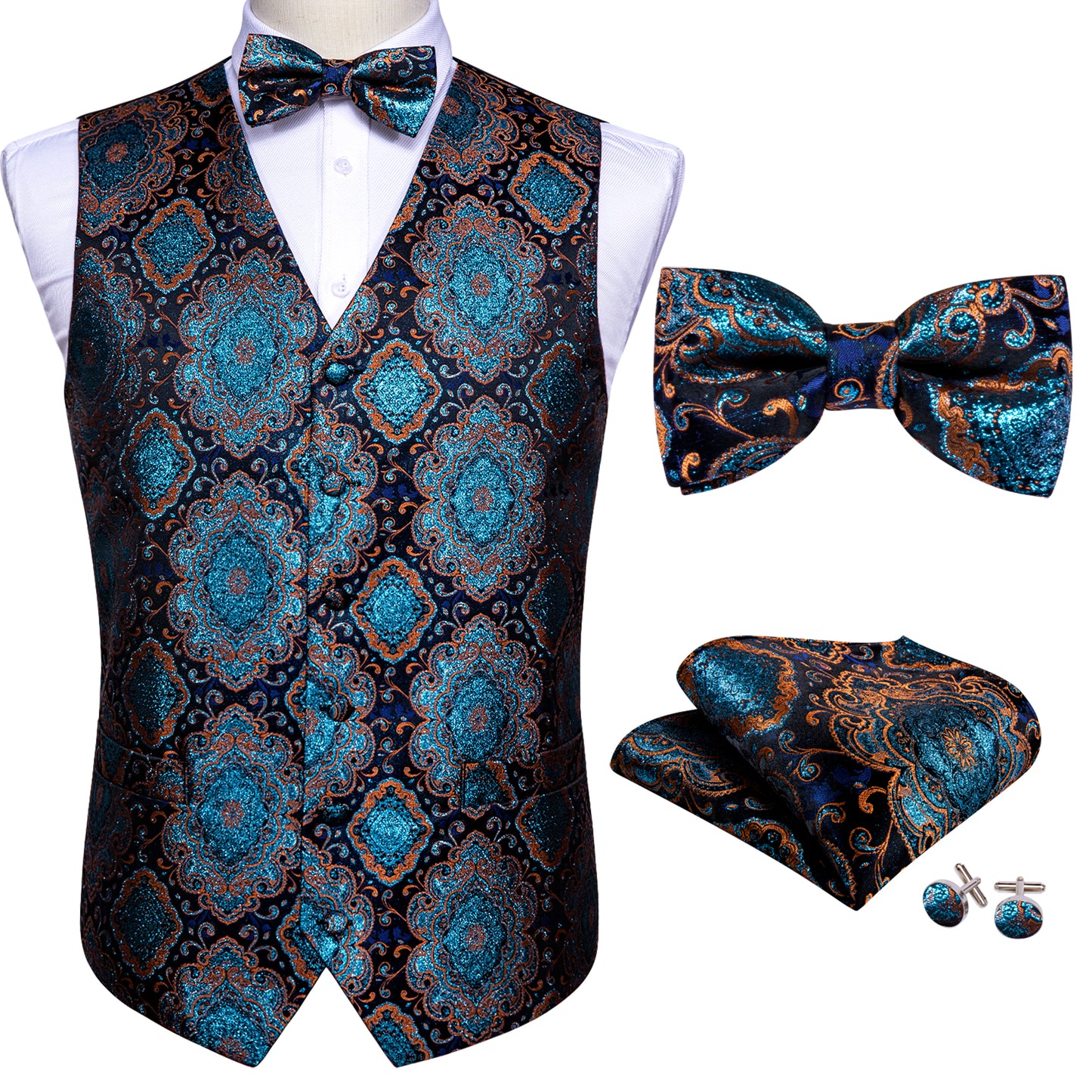 Designer Waistcoat Novelty Bowtie Vest Shiny Diamond Print Aqua Blue