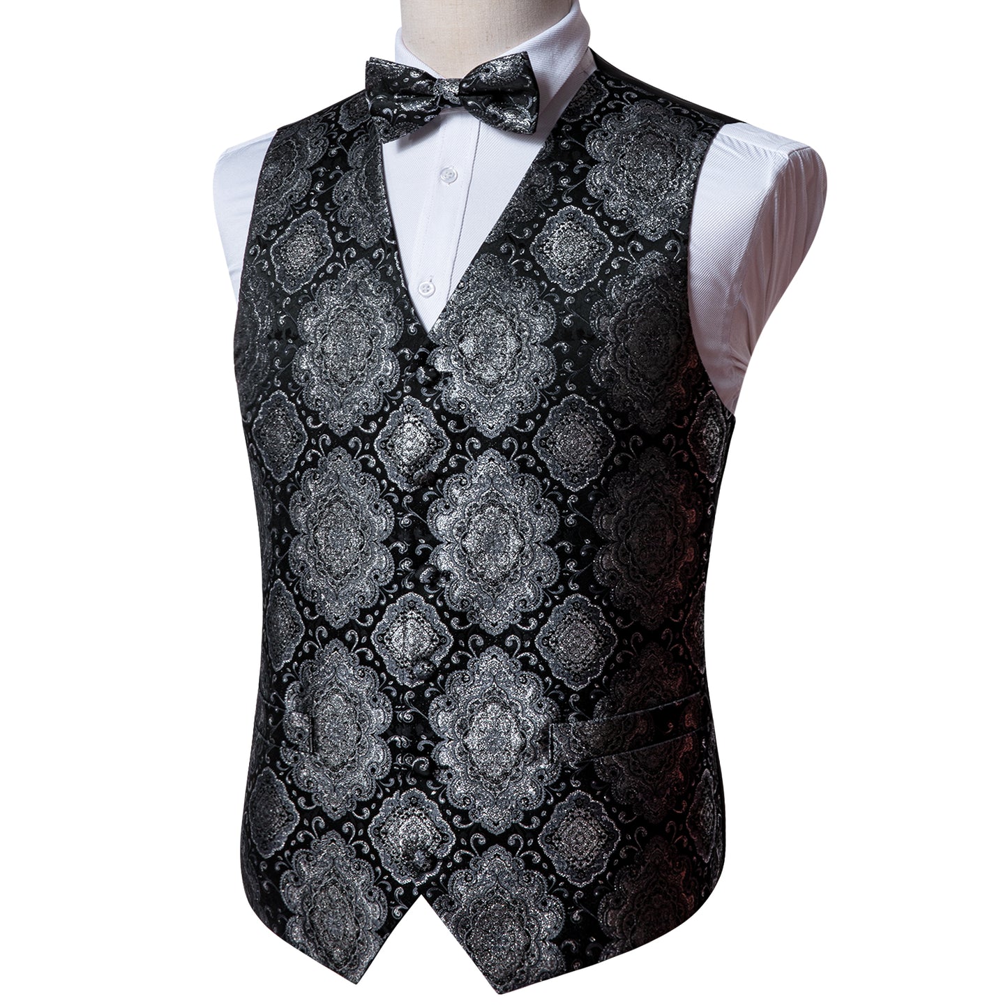 Designer Waistcoat Novelty Bowtie Vest Shiny Diamond Print Charcoal Grey