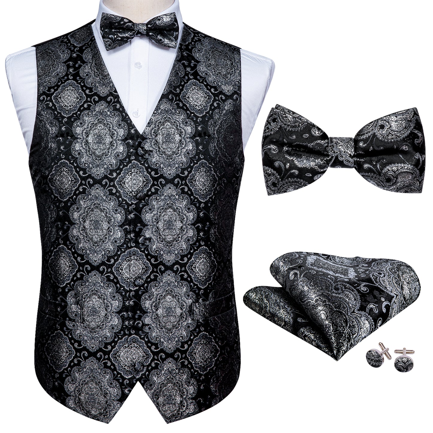 Designer Waistcoat Novelty Bowtie Vest Shiny Diamond Print Charcoal Grey