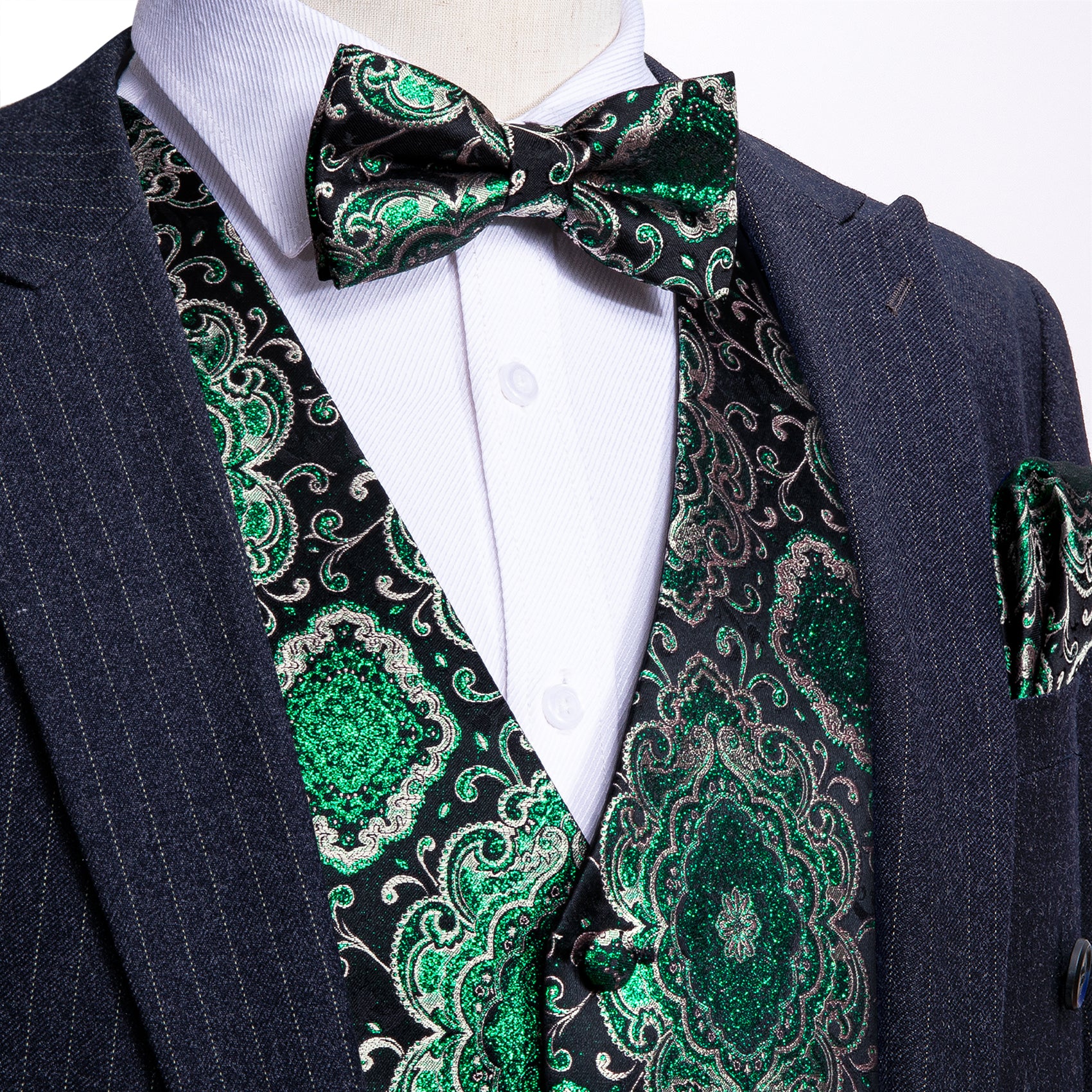 Clover Green Paisley Satin Vest and Matching Bow Tie or Long online Tie and Pocket Square