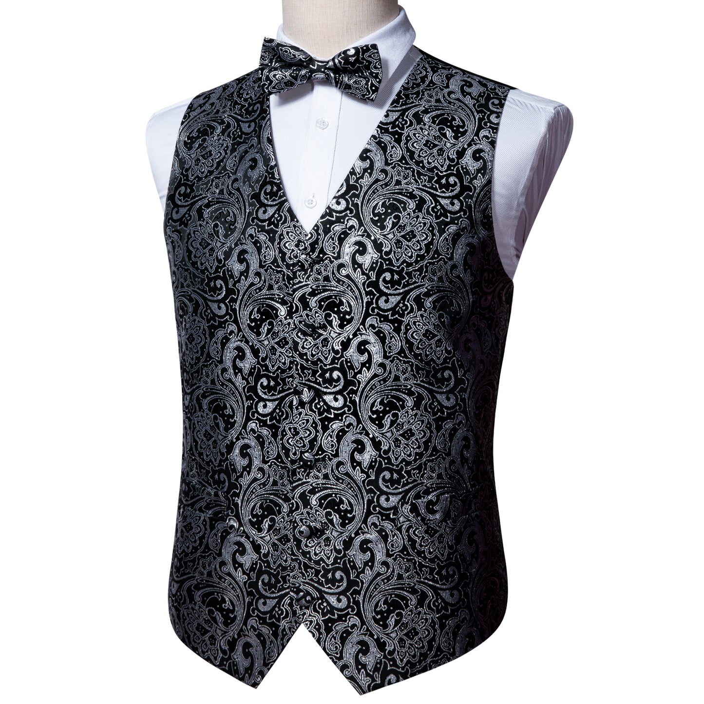 Designer Waistcoat Novelty Bowtie Vest Shiny French Fan Print Charcoal Grey