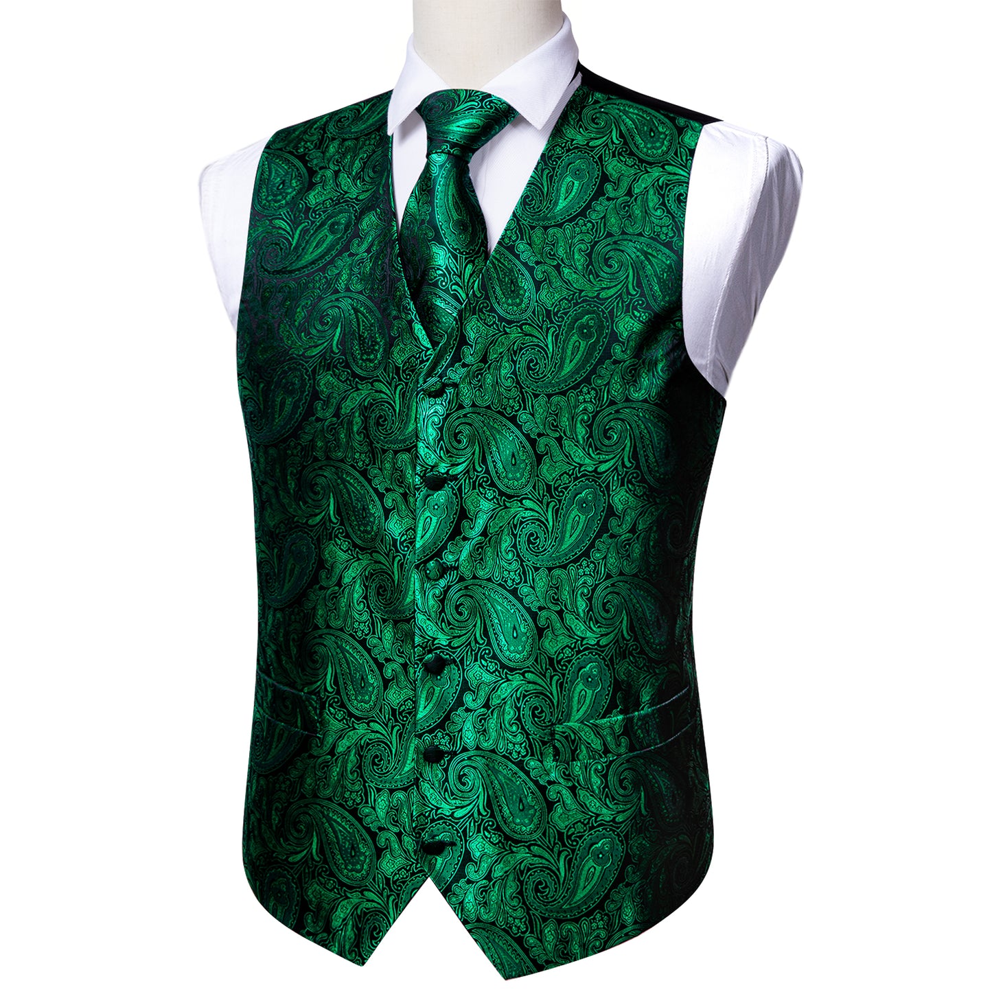 Designer Floral Waistcoat Silky Novelty Vest Forest Green