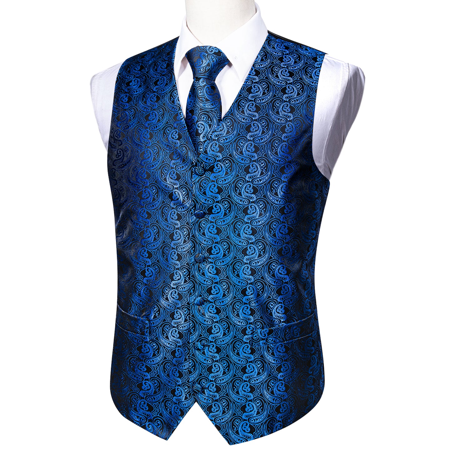 Designer Floral Waistcoat Silky Novelty Vest Royal Blue Cashew