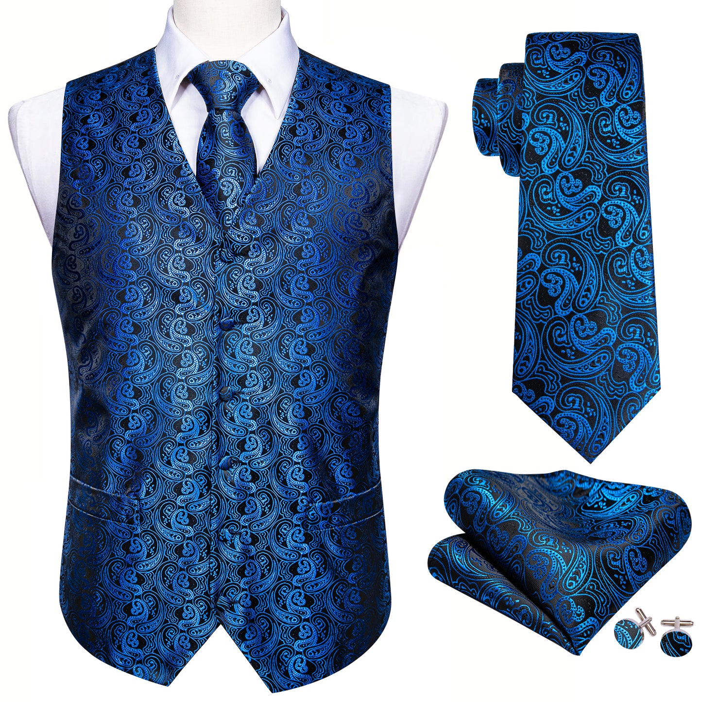 Designer Floral Waistcoat Silky Novelty Vest Royal Blue Cashew