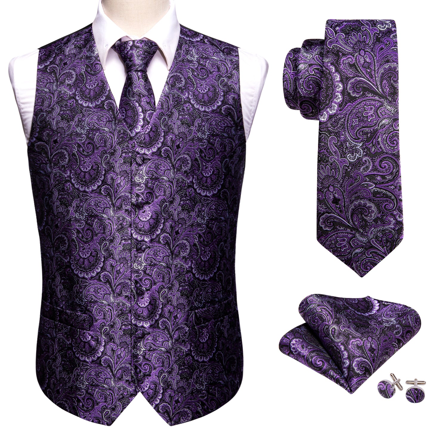 Designer Floral Waistcoat Silky Novelty Vest Purple Sunrise