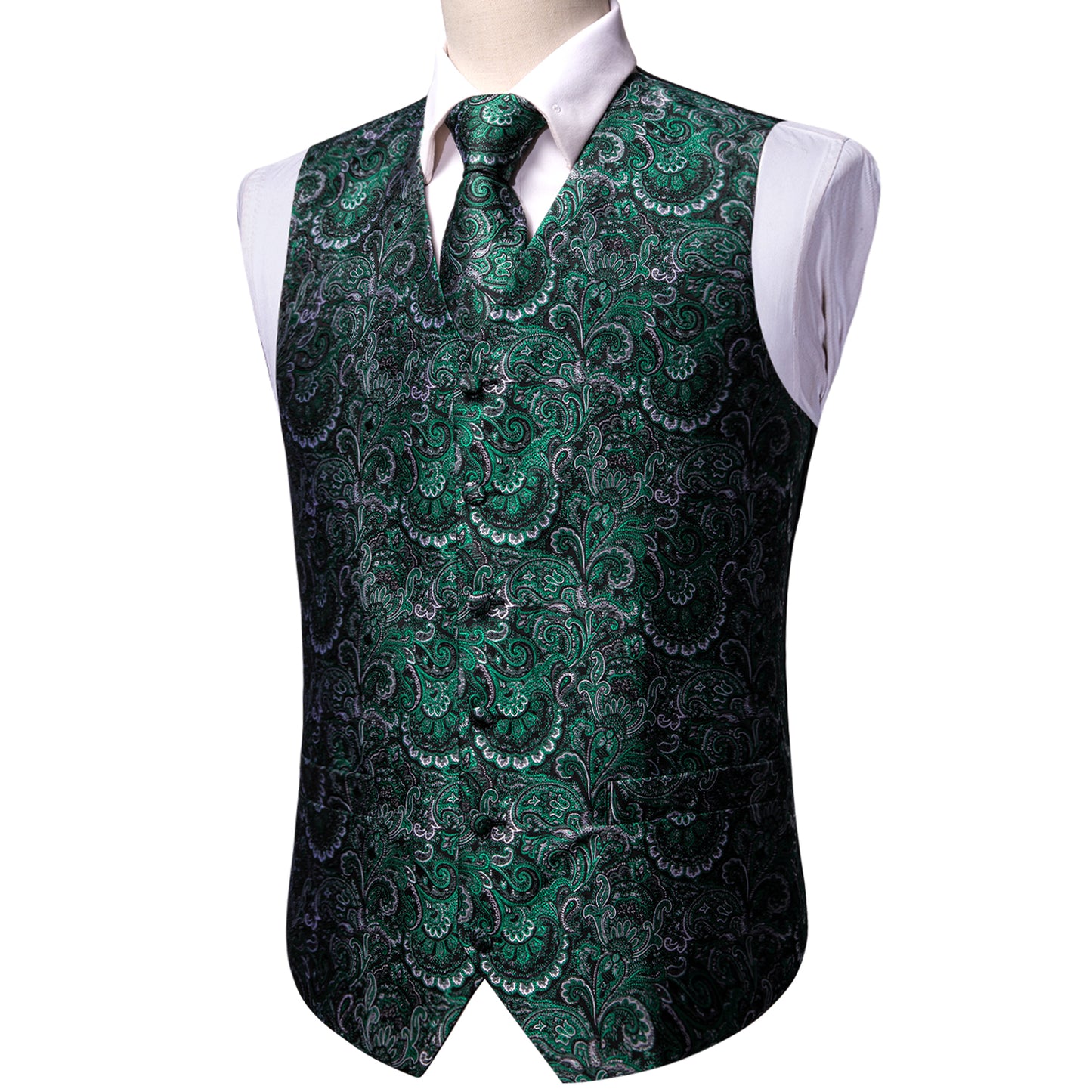 Designer Floral Waistcoat Silky Novelty Vest Pine Green Sunrise