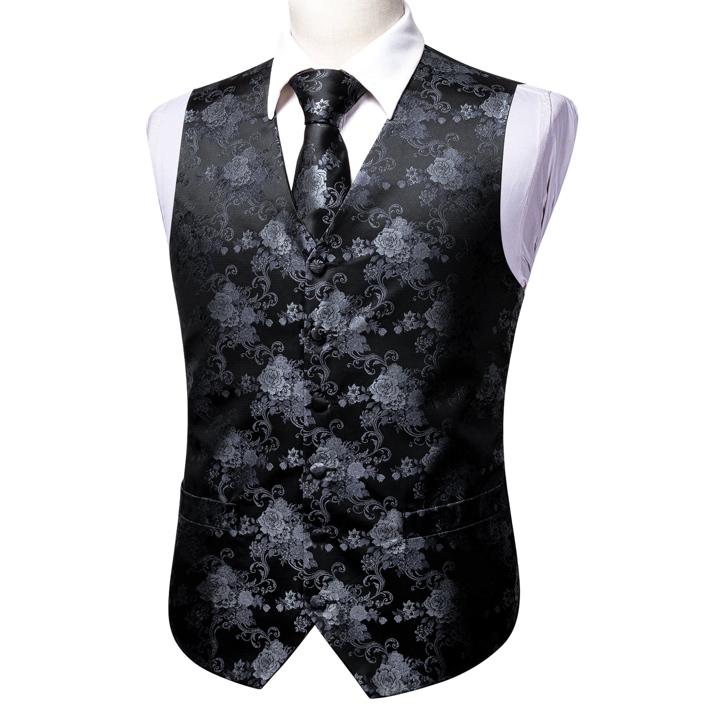 Designer Floral Waistcoat Silky Novelty Vest Charcoal Grey Dahlia