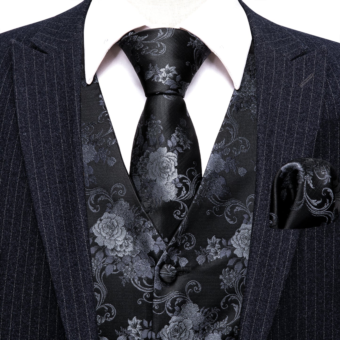 Designer Floral Waistcoat Silky Novelty Vest Charcoal Grey Dahlia