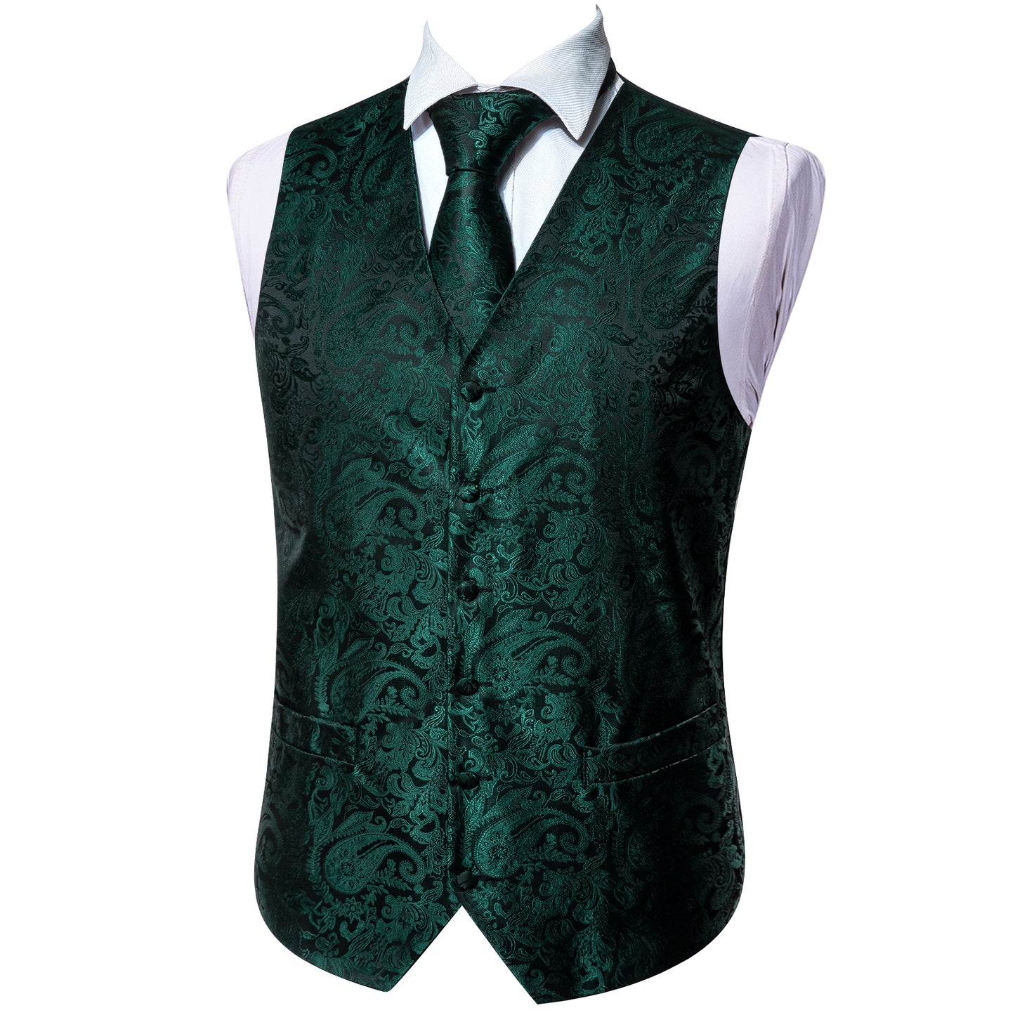Designer Floral Waistcoat Silky Novelty Vest Paisley Pine Green