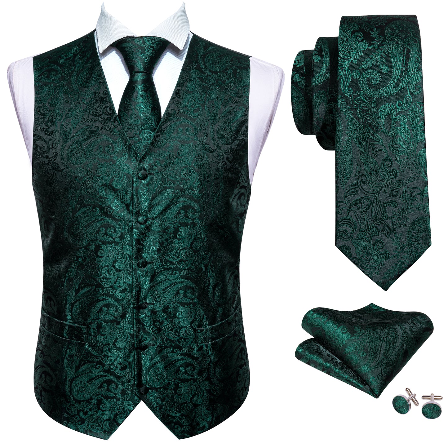 Designer Floral Waistcoat Silky Novelty Vest Paisley Pine Green