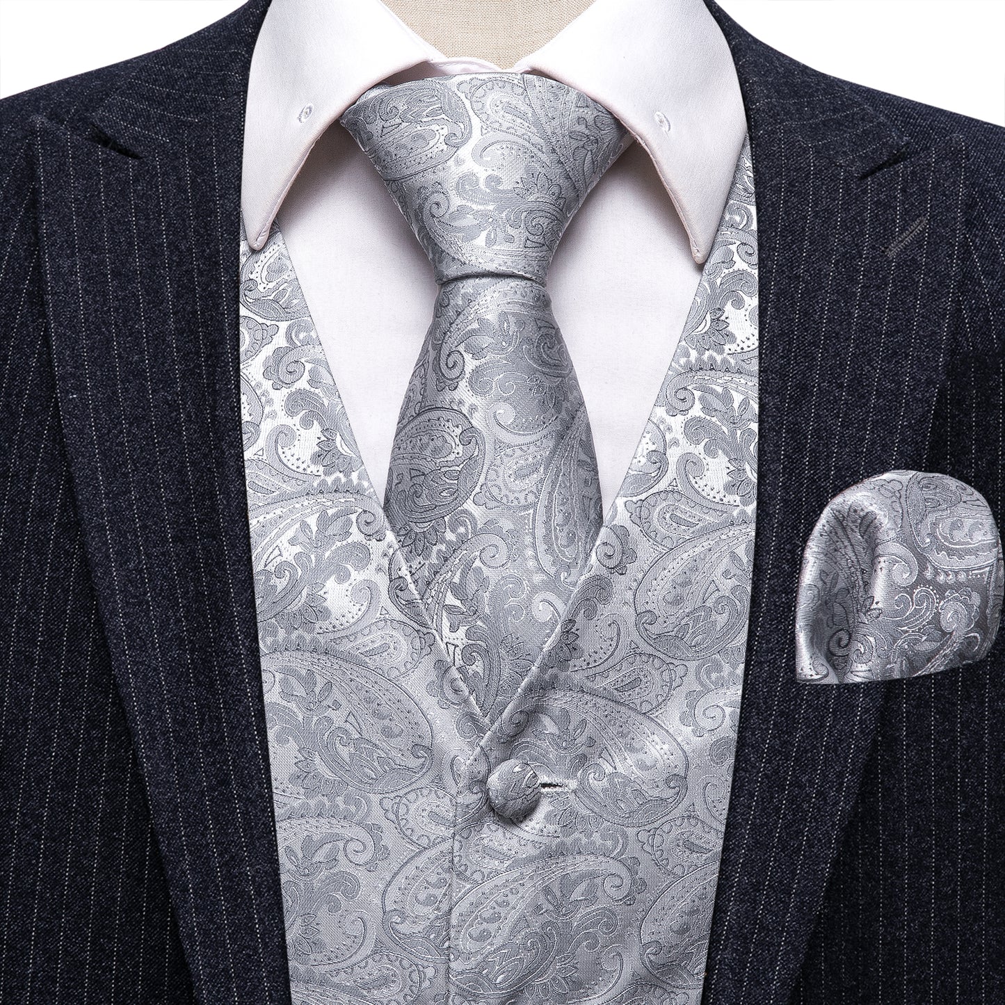 Designer Floral Waistcoat Silky Novelty Vest Silver Shells