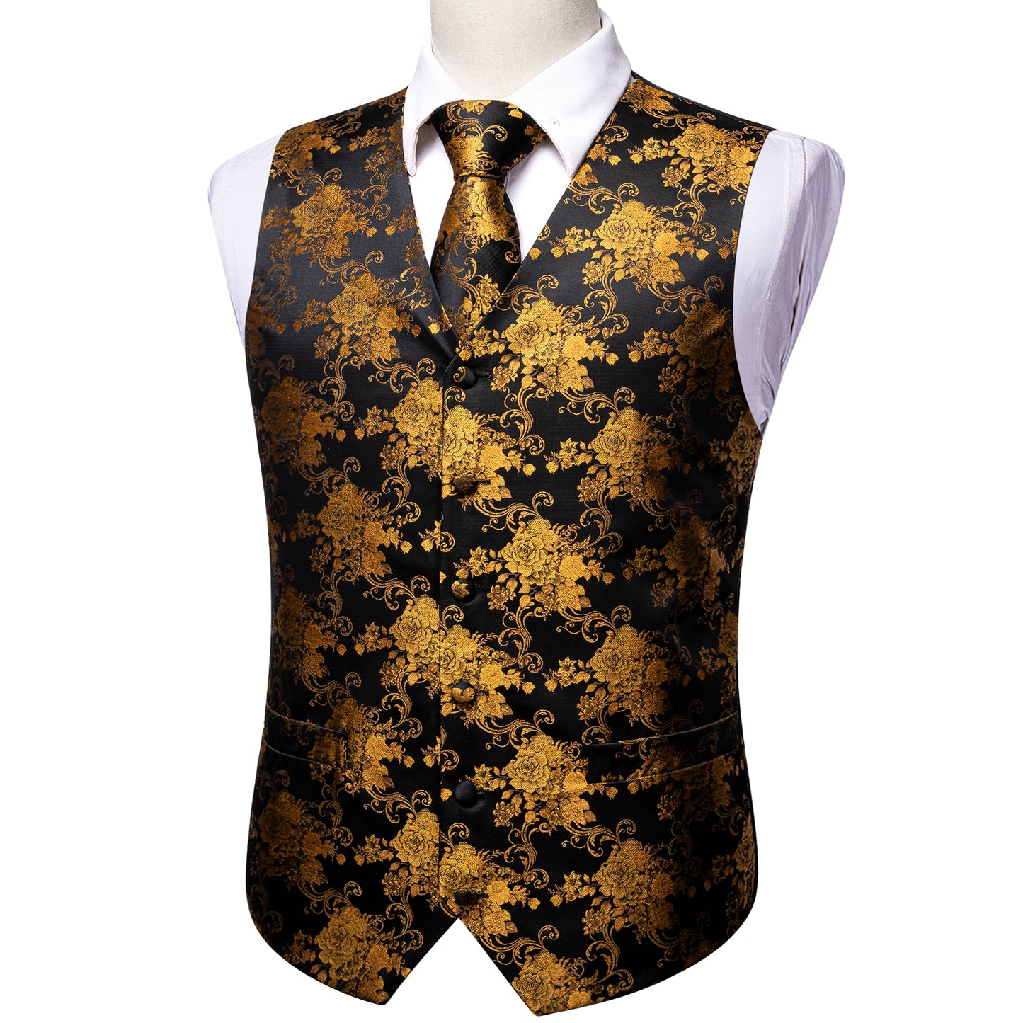 Designer Floral Waistcoat Silky Novelty Vest Golden Dahlia