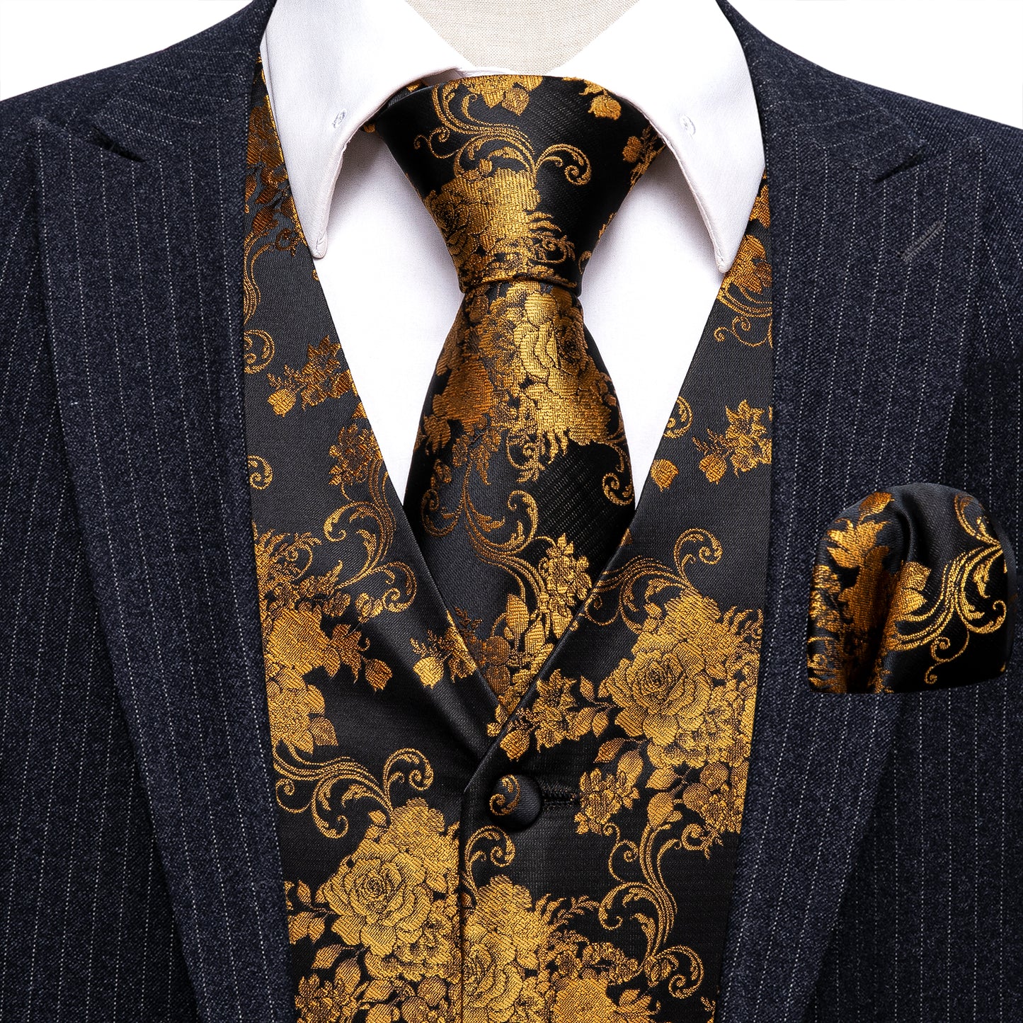 Designer Floral Waistcoat Silky Novelty Vest Golden Dahlia