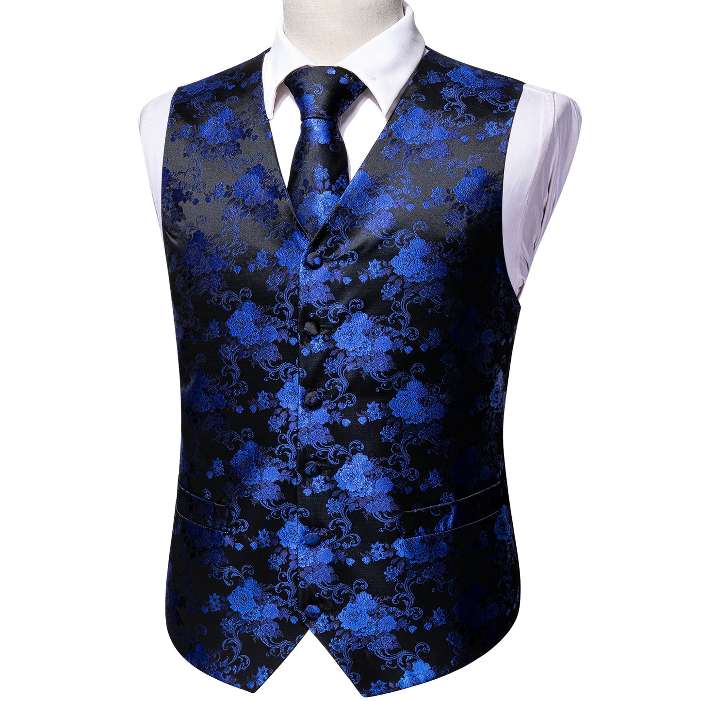 Designer Floral Waistcoat Silky Novelty Vest Royal Blue Dahlia