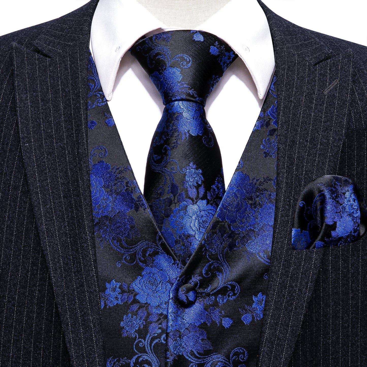 Designer Floral Waistcoat Silky Novelty Vest Royal Blue Dahlia