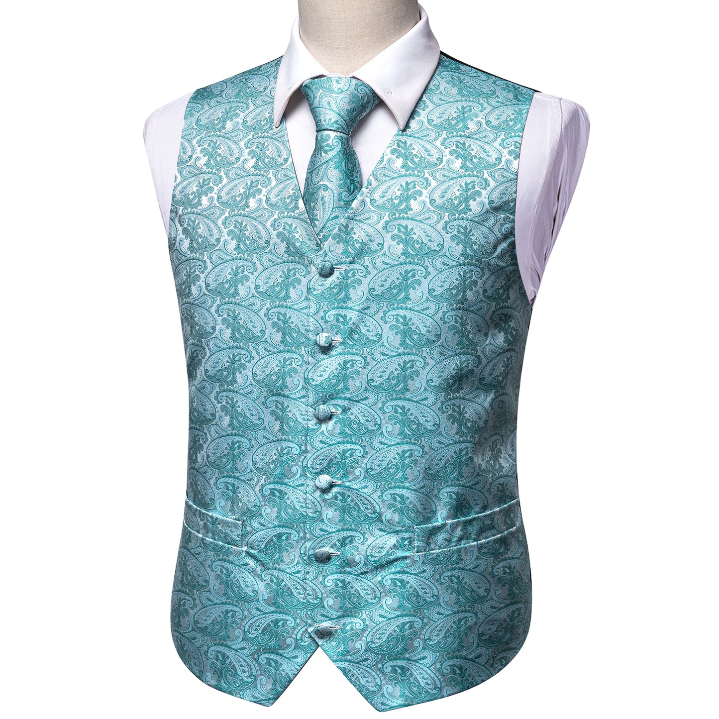 Designer Floral Waistcoat Silky Novelty Vest Icy Cadet Blue