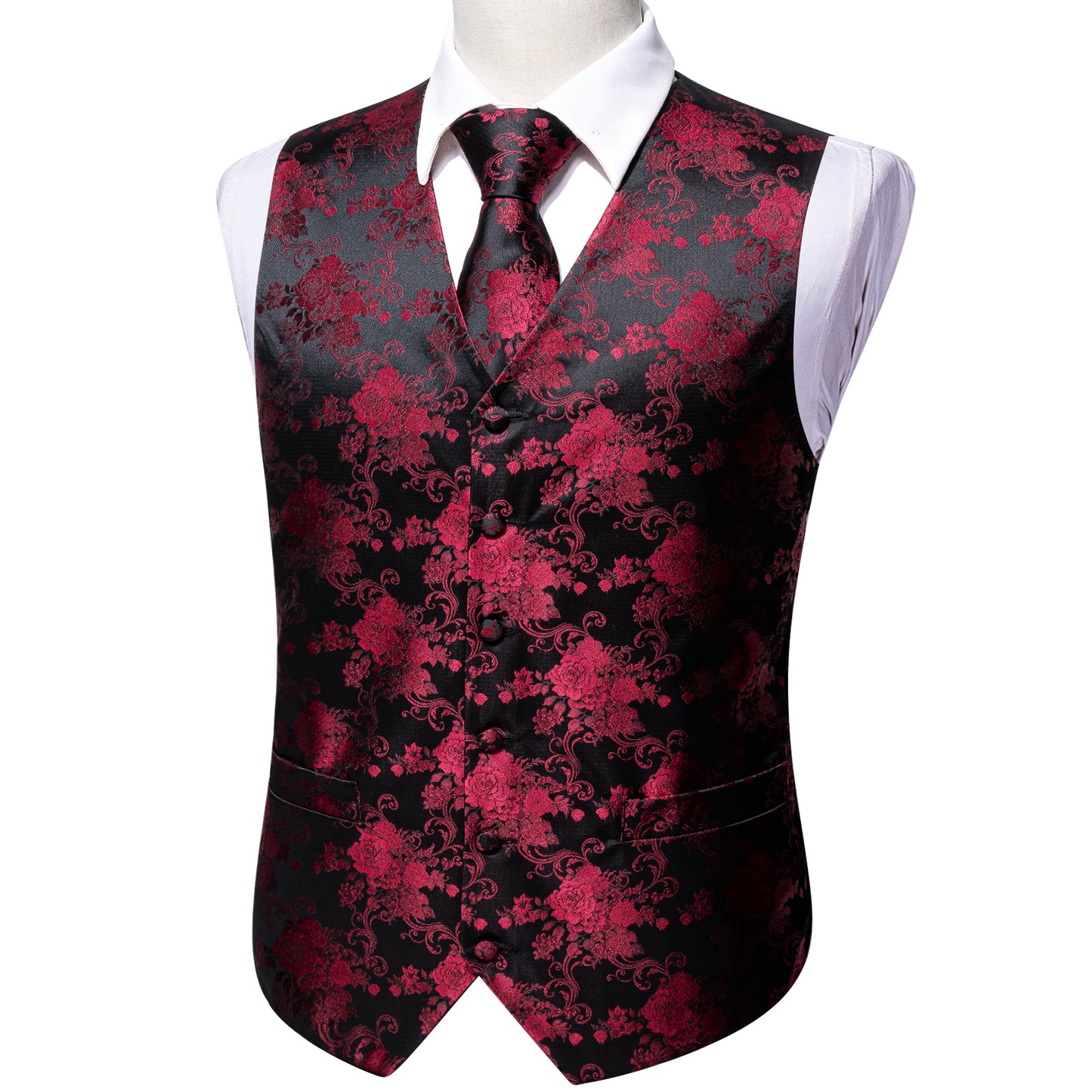Designer Floral Waistcoat Silky Novelty Vest Red Dahlia