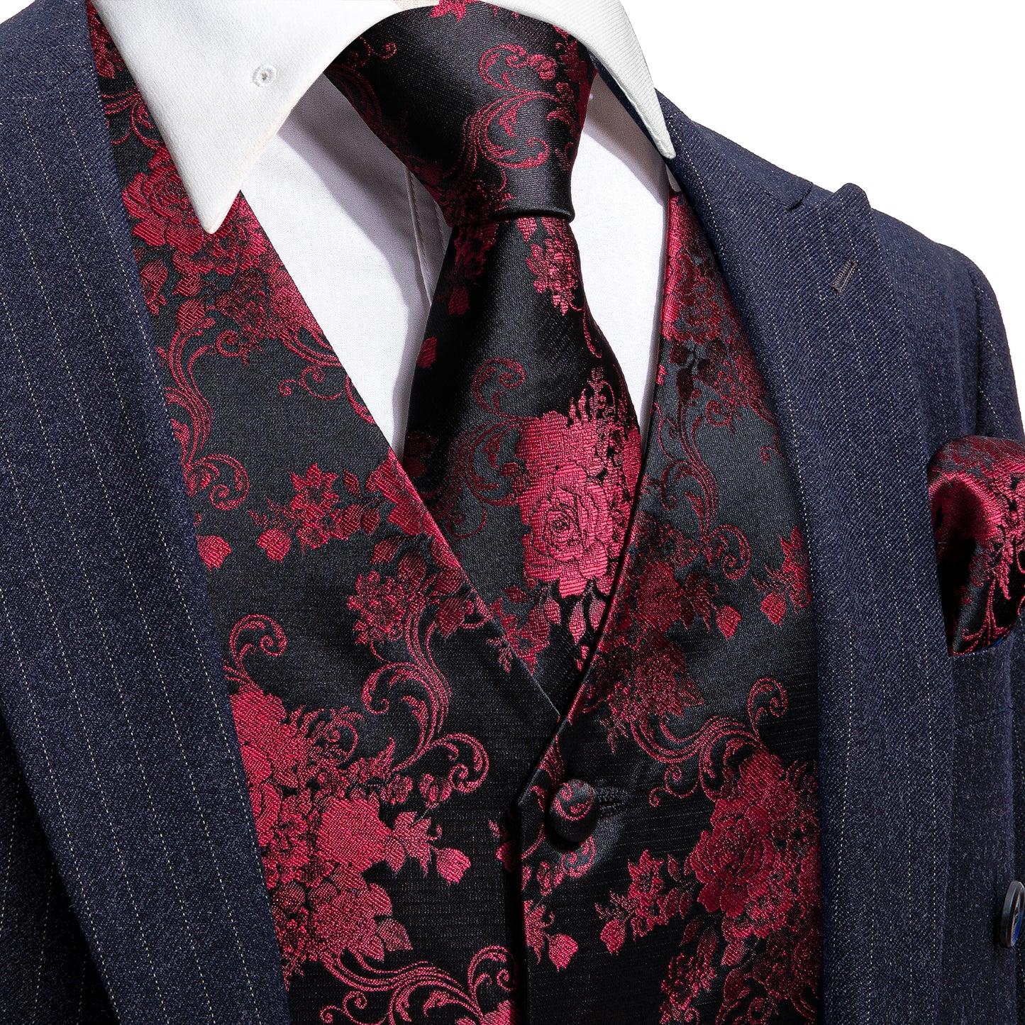 Designer Floral Waistcoat Silky Novelty Vest Red Dahlia