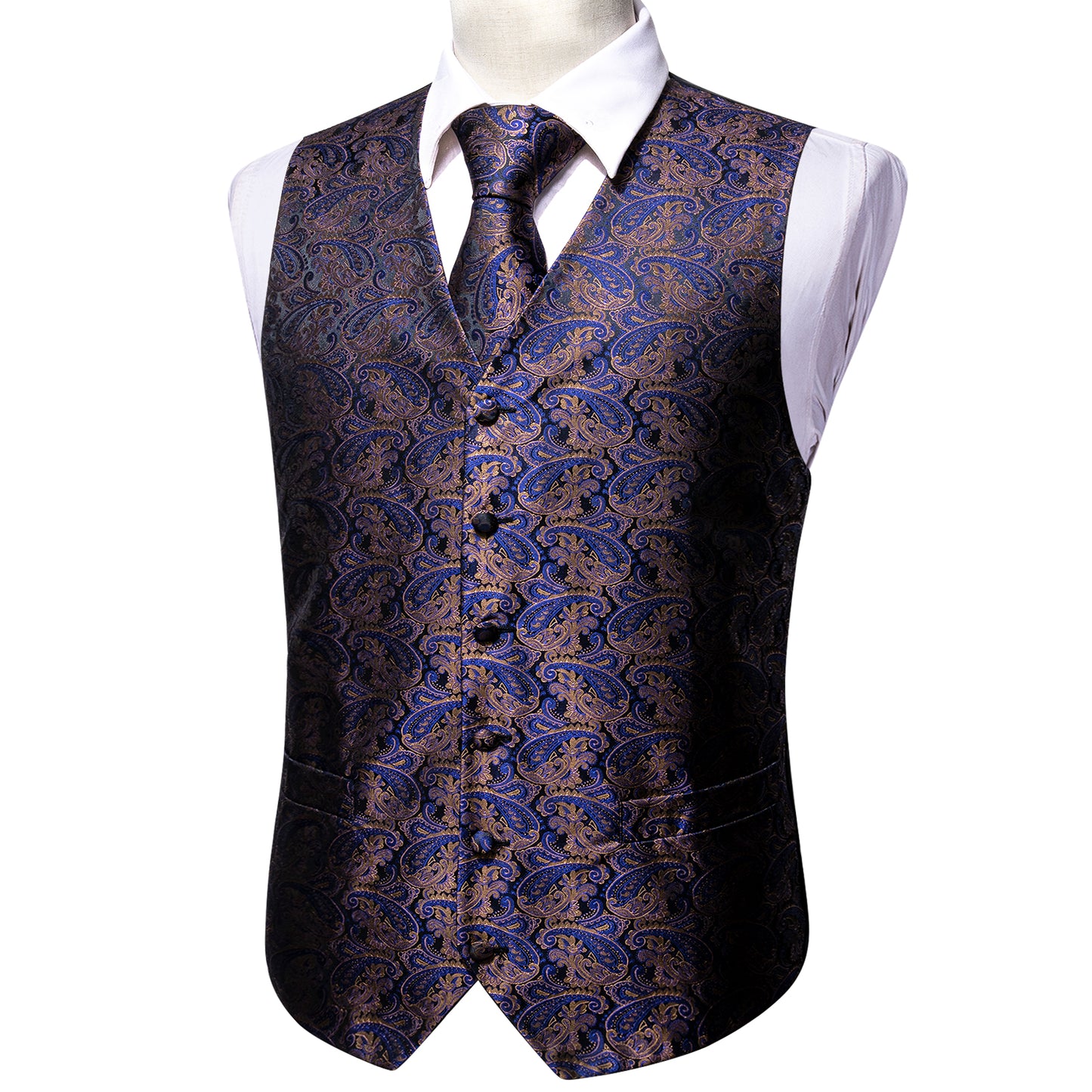 Designer Floral Waistcoat Silky Novelty Vest Royal Blue Shells