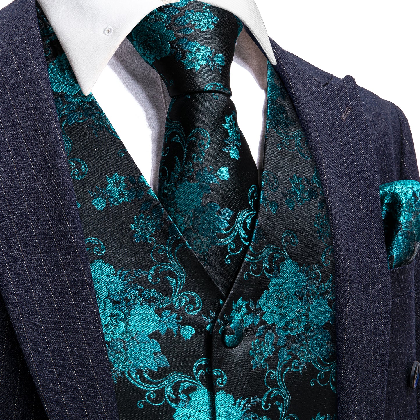 Designer Floral Waistcoat Silky Novelty Vest Aqua Blue Dahlia