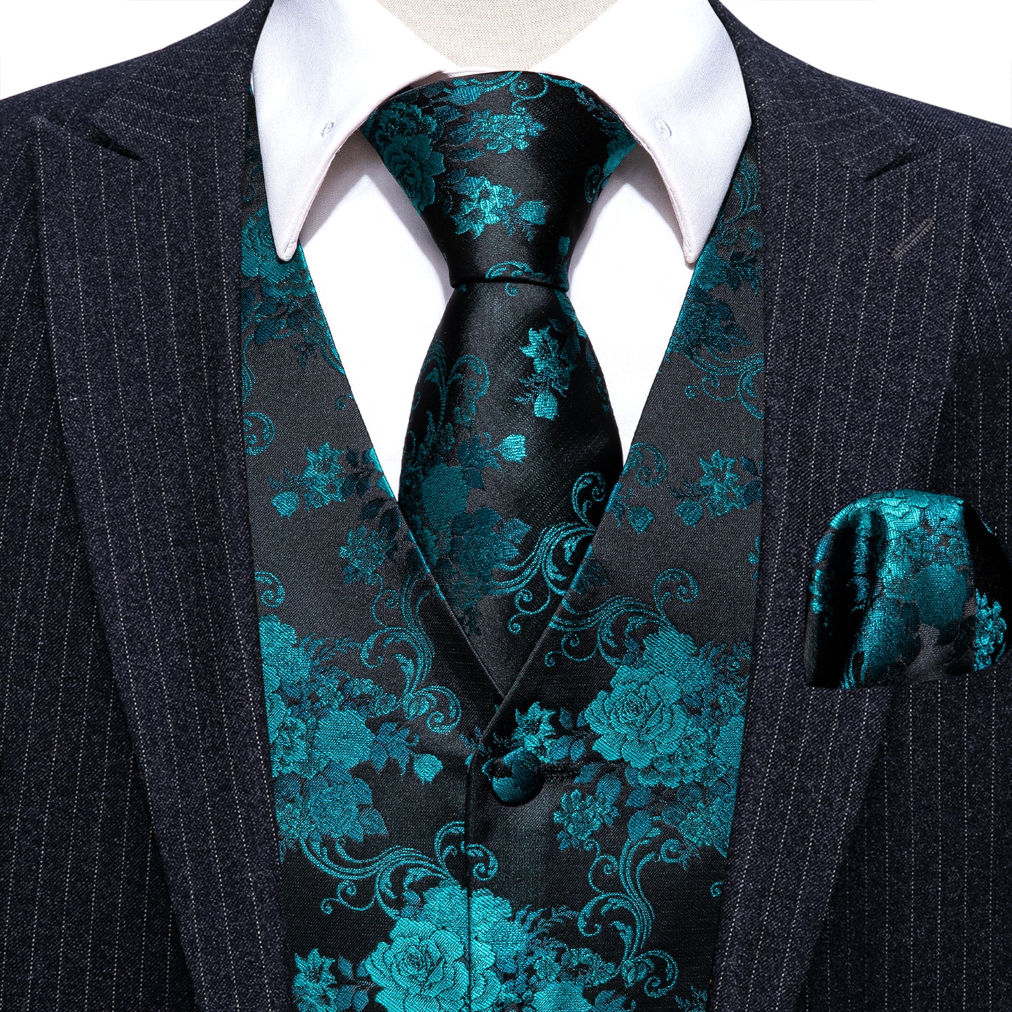 Designer Floral Waistcoat Silky Novelty Vest Aqua Blue Dahlia