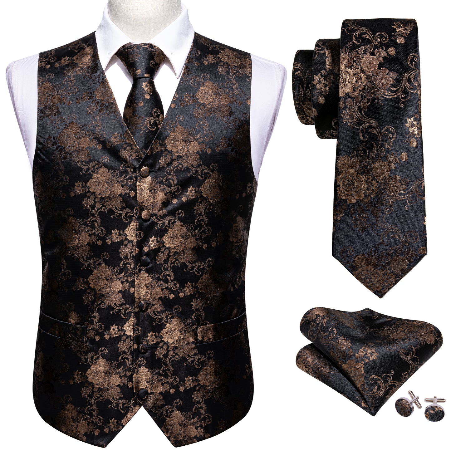 Designer Floral Waistcoat Silky Novelty Vest Bronze Dahlia