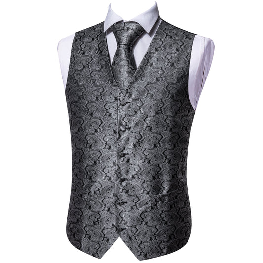 Designer Floral Waistcoat Silky Novelty Vest Fossil Grey Shells