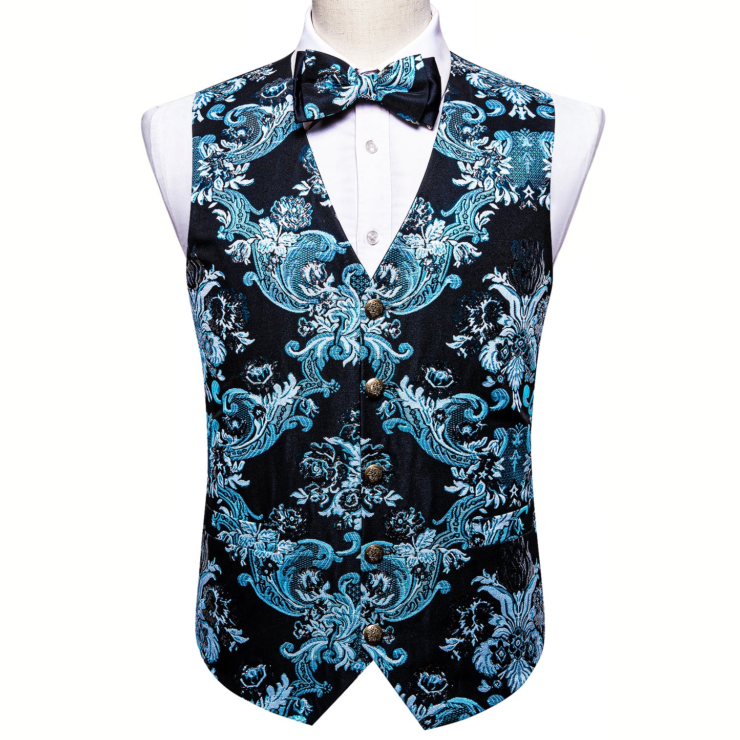 Designer Waistcoat Novelty Bowtie Woven Vest Shiny Palace Feather Aqua Blue