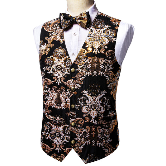 Designer Waistcoat Novelty Bowtie Woven Vest Shiny Palace Feather Gold
