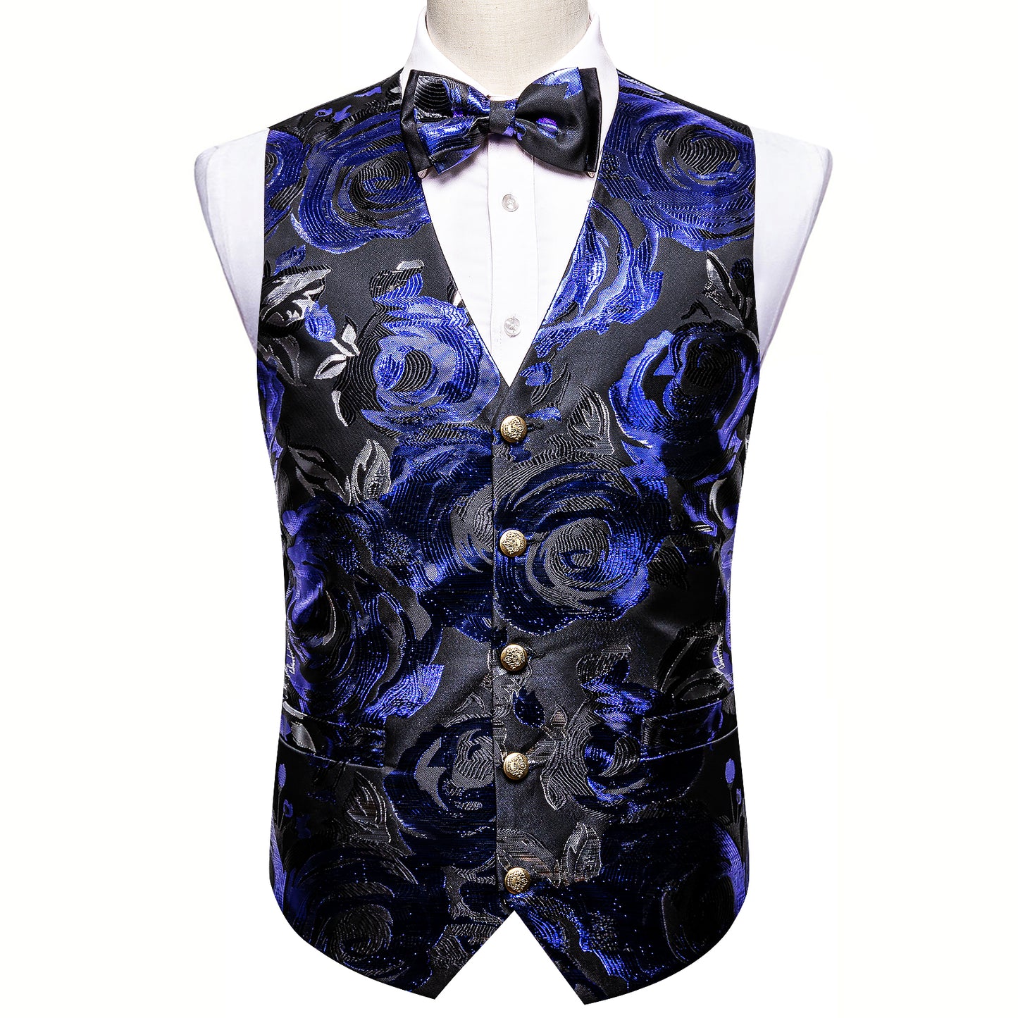 Designer Waistcoat Novelty Bowtie Woven Vest Shiny Royal Blue Ring