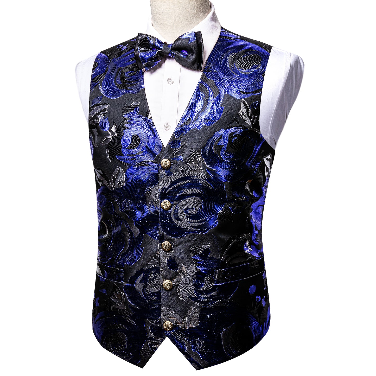 Designer Waistcoat Novelty Bowtie Woven Vest Shiny Royal Blue Ring