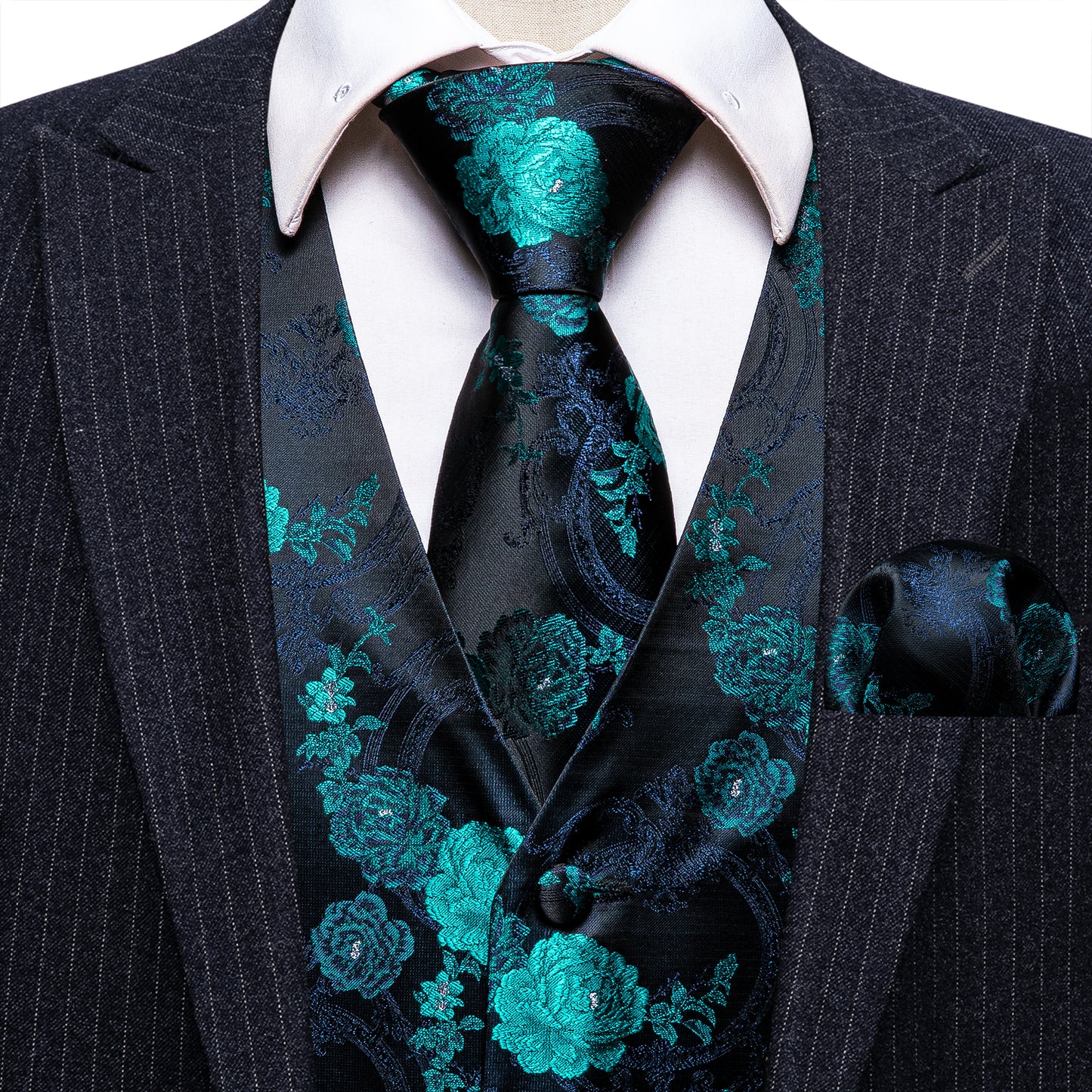 Designer Floral Waistcoat Silky Novelty Vest Paisley Aqua Peony