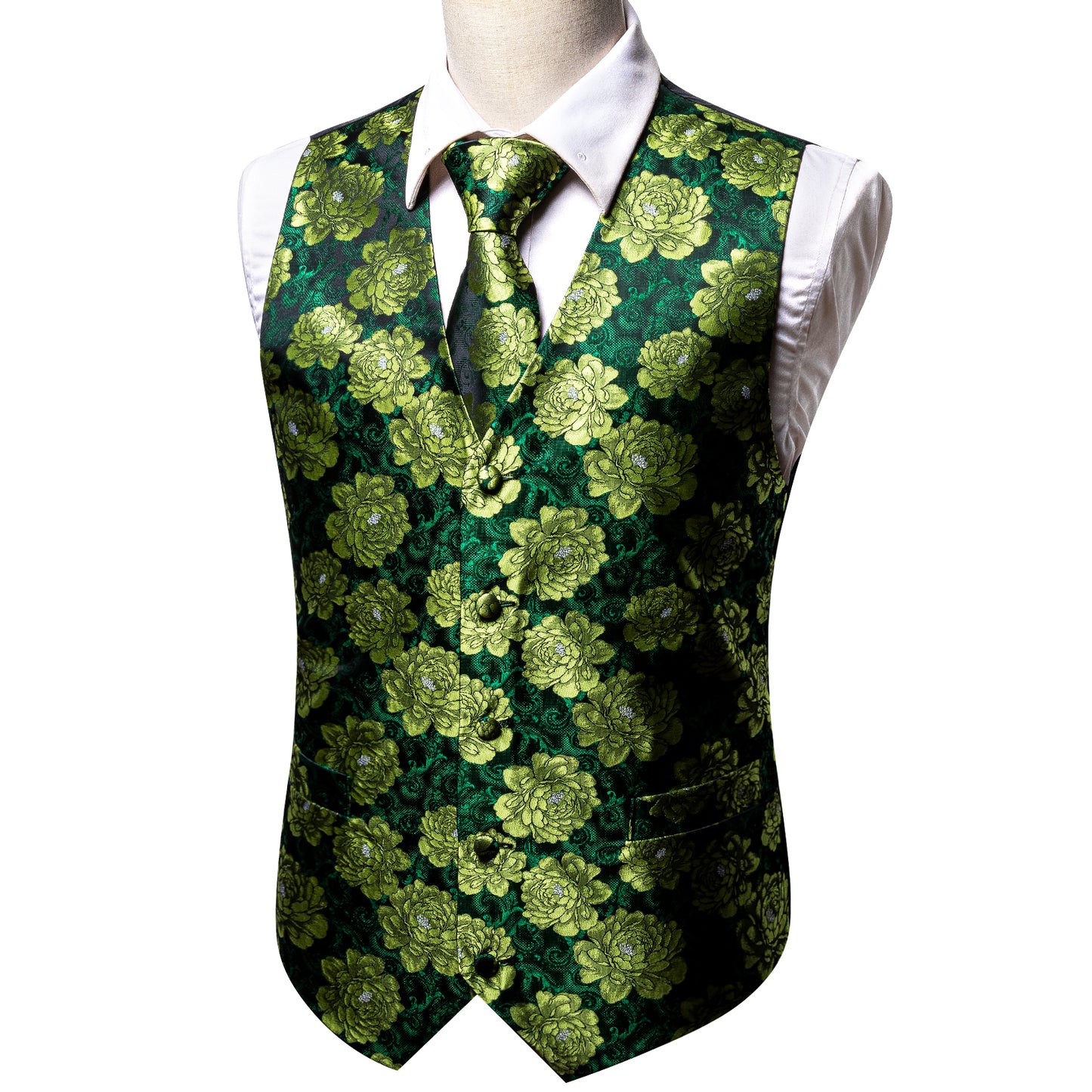 Designer Floral Waistcoat Silky Novelty Vest Lemon Green