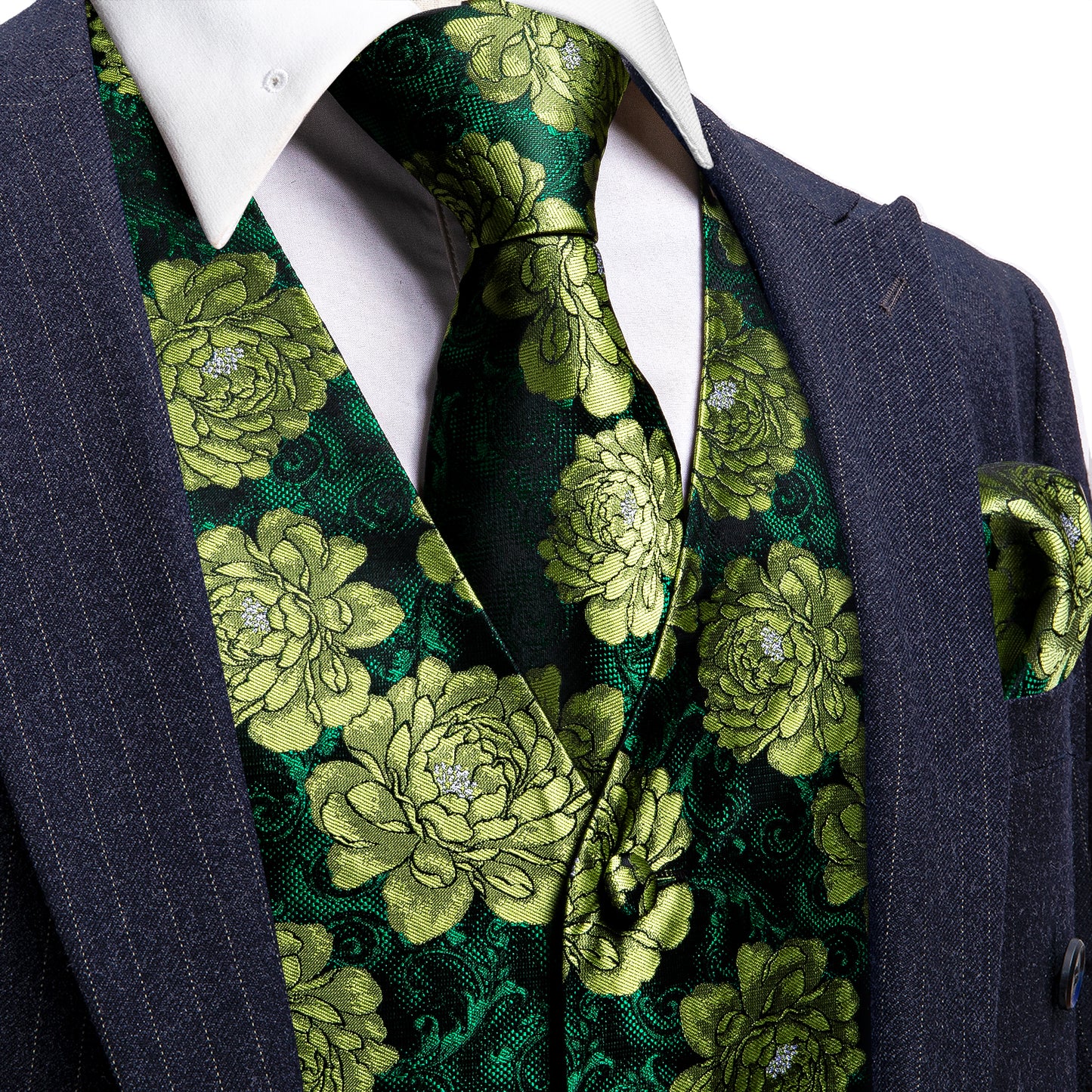 Designer Floral Waistcoat Silky Novelty Vest Lemon Green