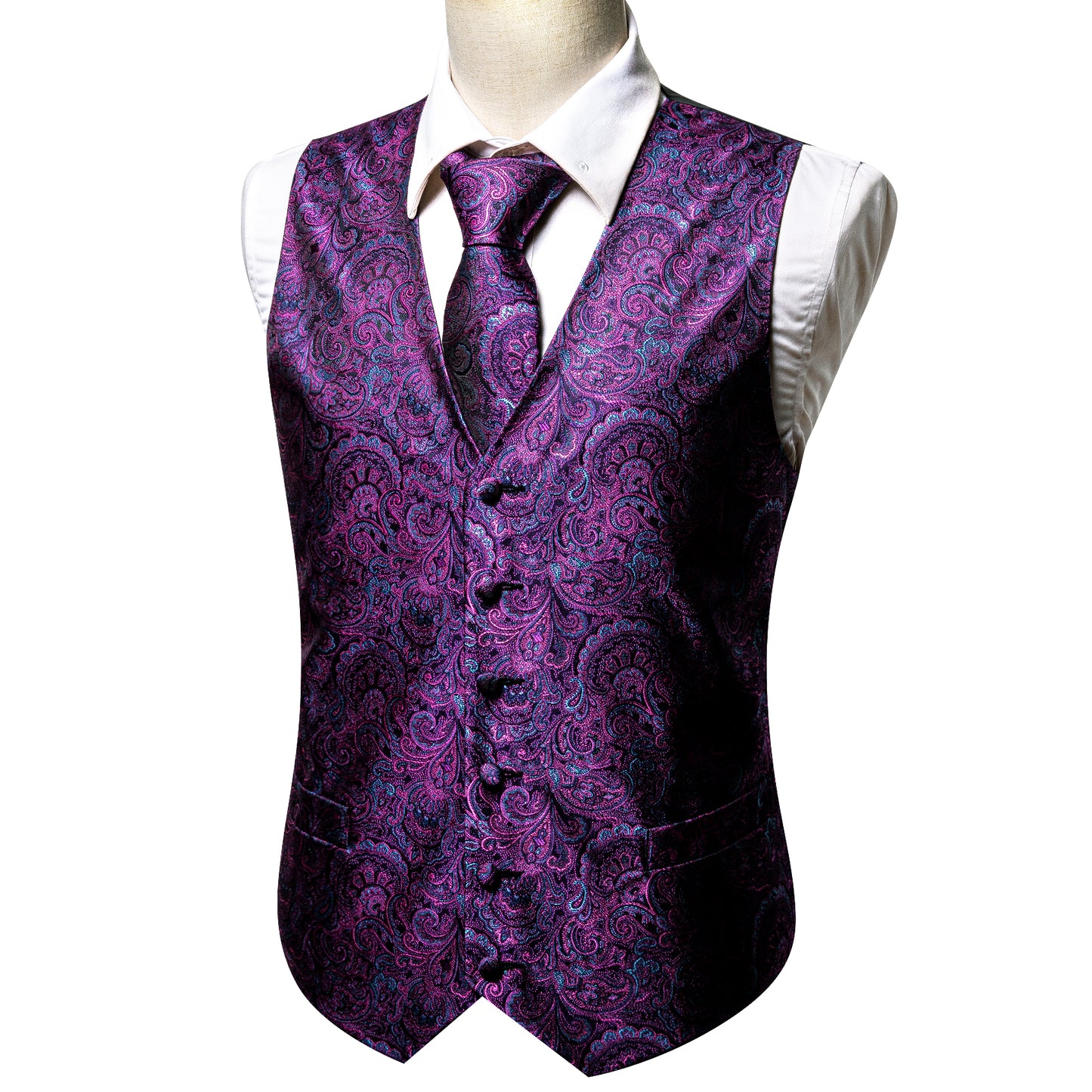 Designer Floral Waistcoat Silky Novelty Vest Paisley Royal Purple