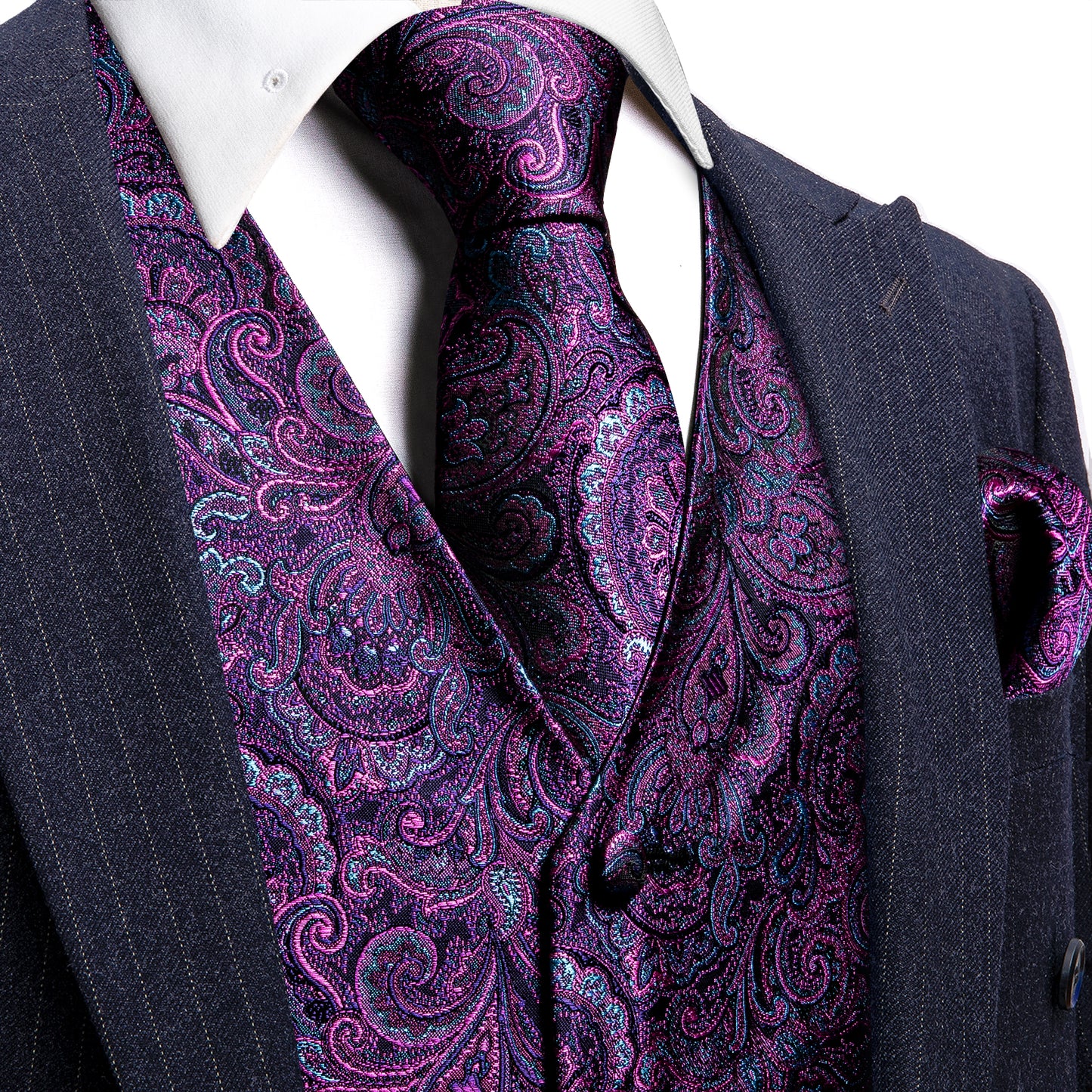 Designer Floral Waistcoat Silky Novelty Vest Paisley Royal Purple