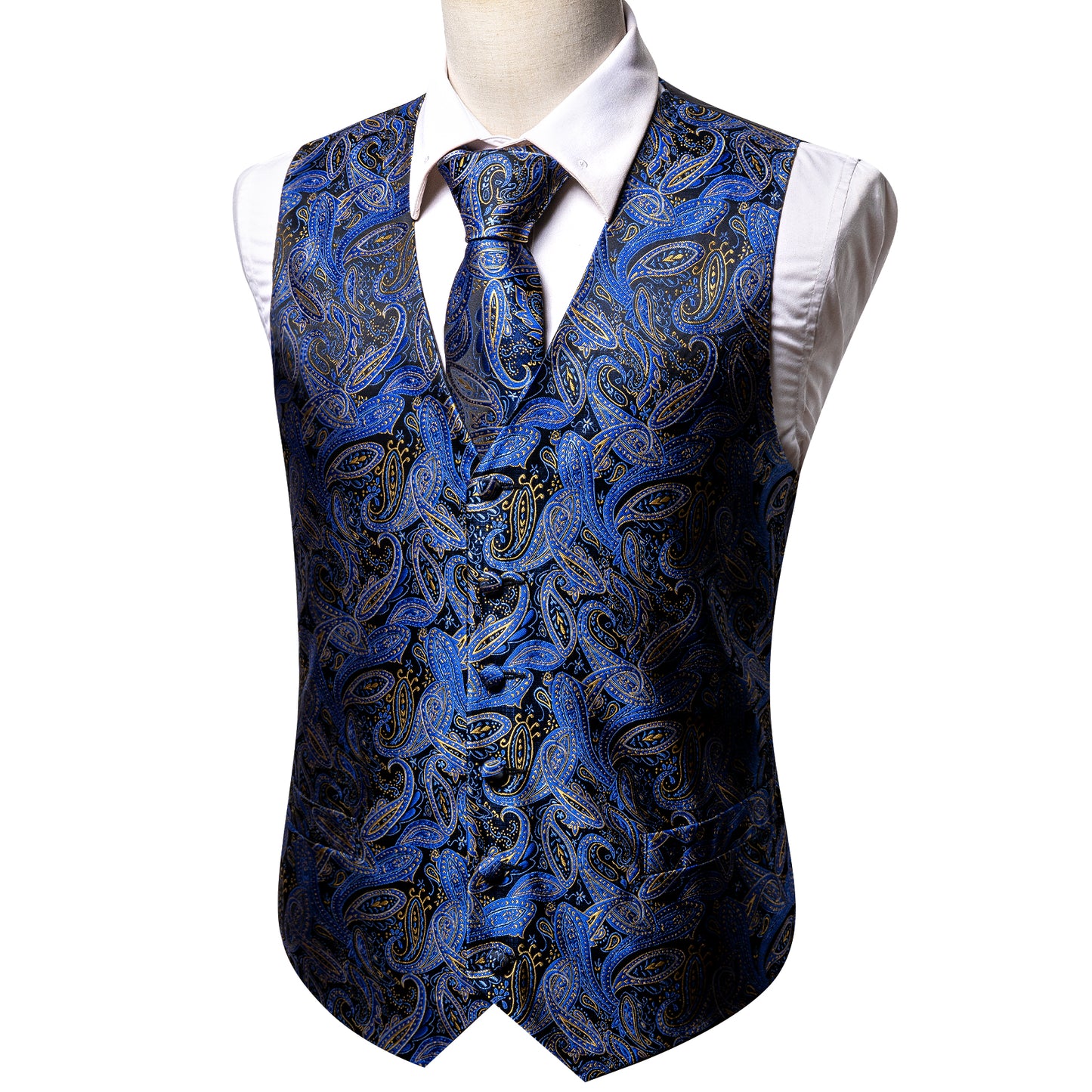 Designer Floral Waistcoat Silky Novelty Vest Paisley Royal Blue Whales
