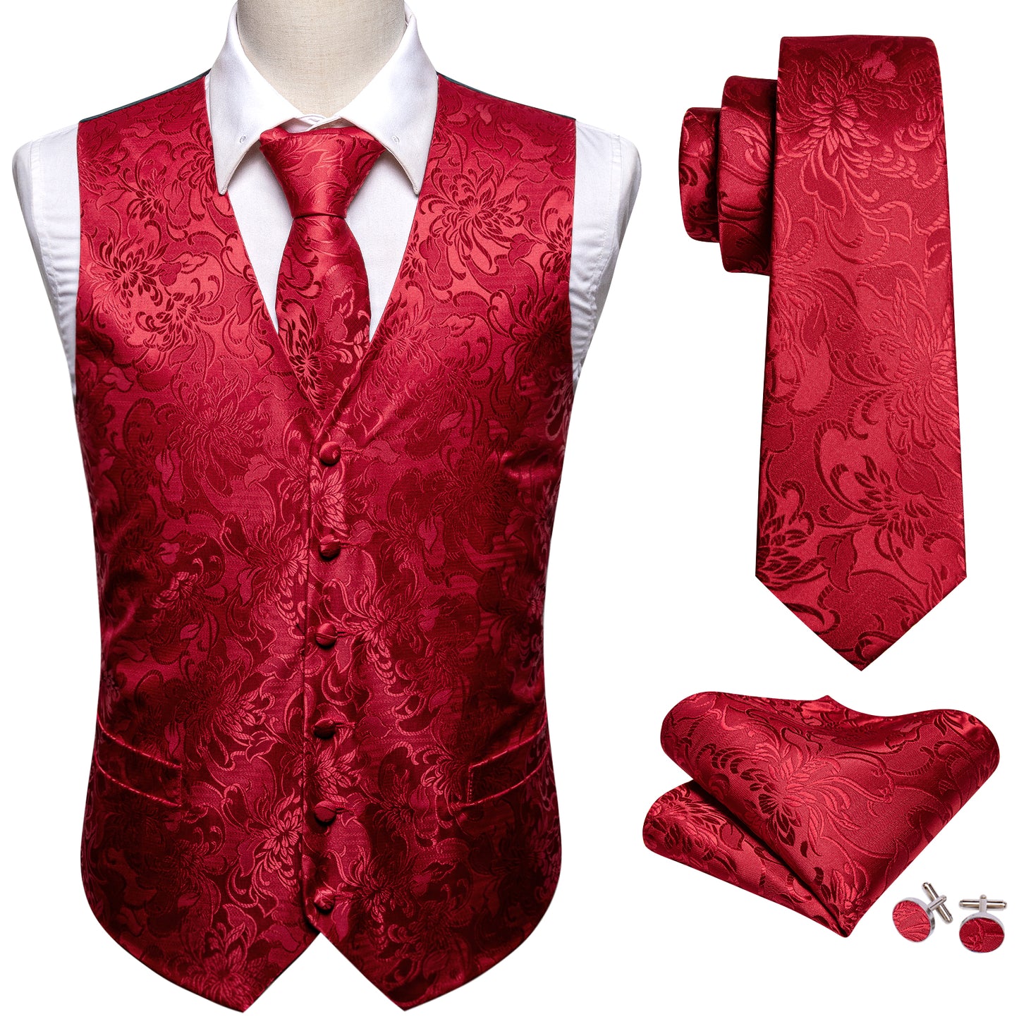 Designer Floral Waistcoat Silky Novelty Vest Lava Red
