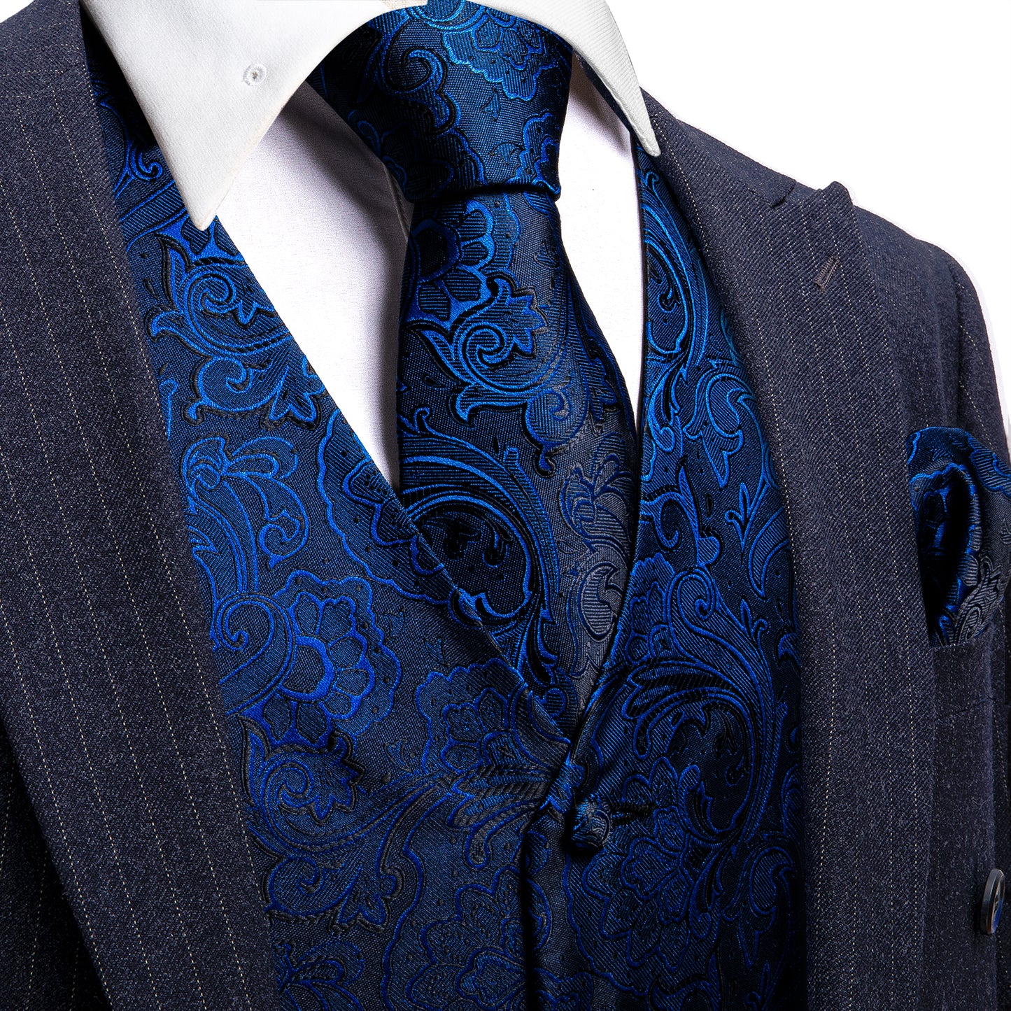 Designer Floral Waistcoat Silky Novelty Vest Paisley Blast Blue