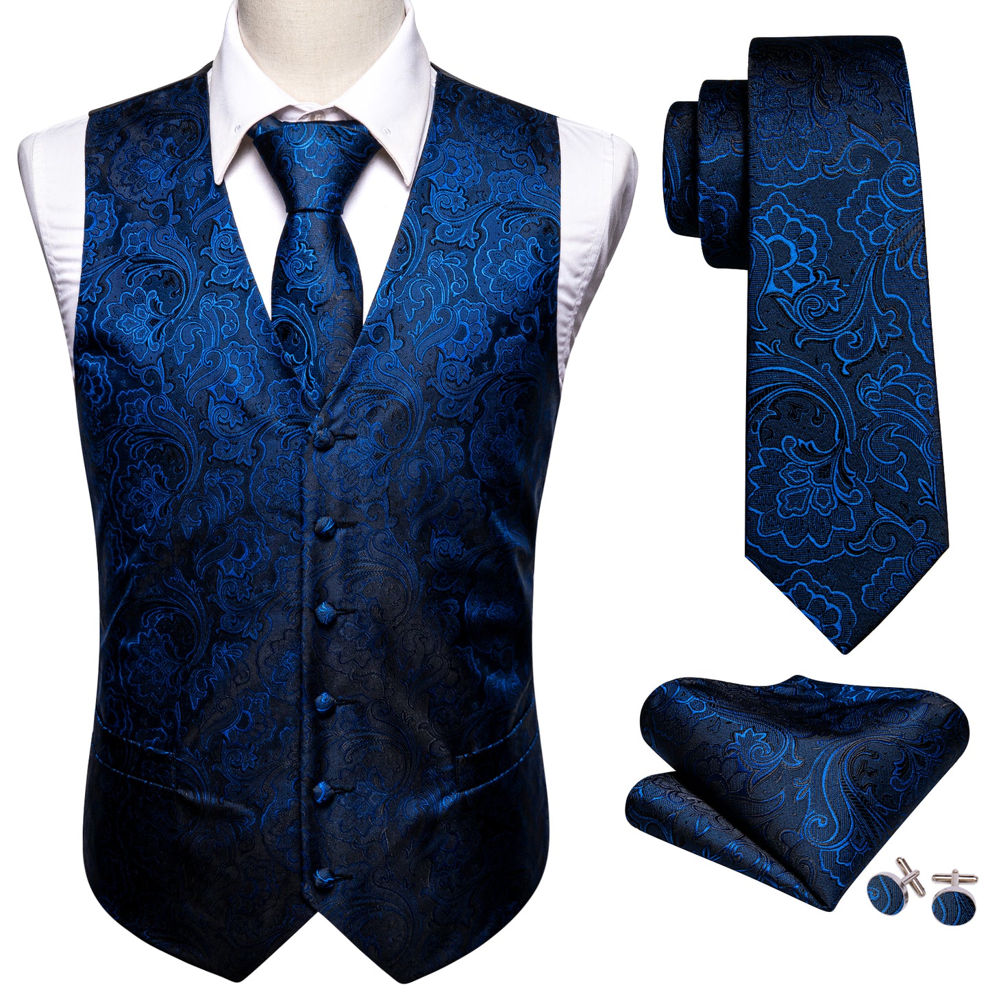 Designer Floral Waistcoat Silky Novelty Vest Paisley Blast Blue