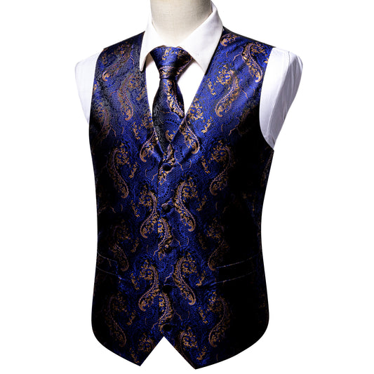 Designer Floral Waistcoat Silky Novelty Vest Paisley Serpent Blue