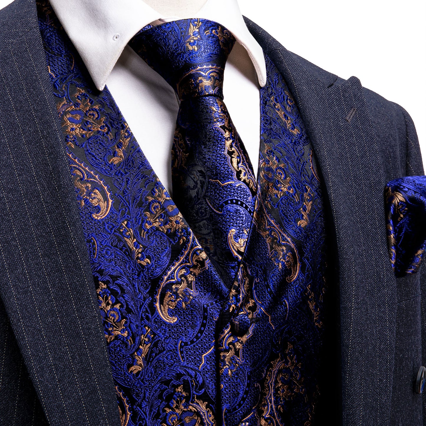 Designer Floral Waistcoat Silky Novelty Vest Paisley Serpent Blue
