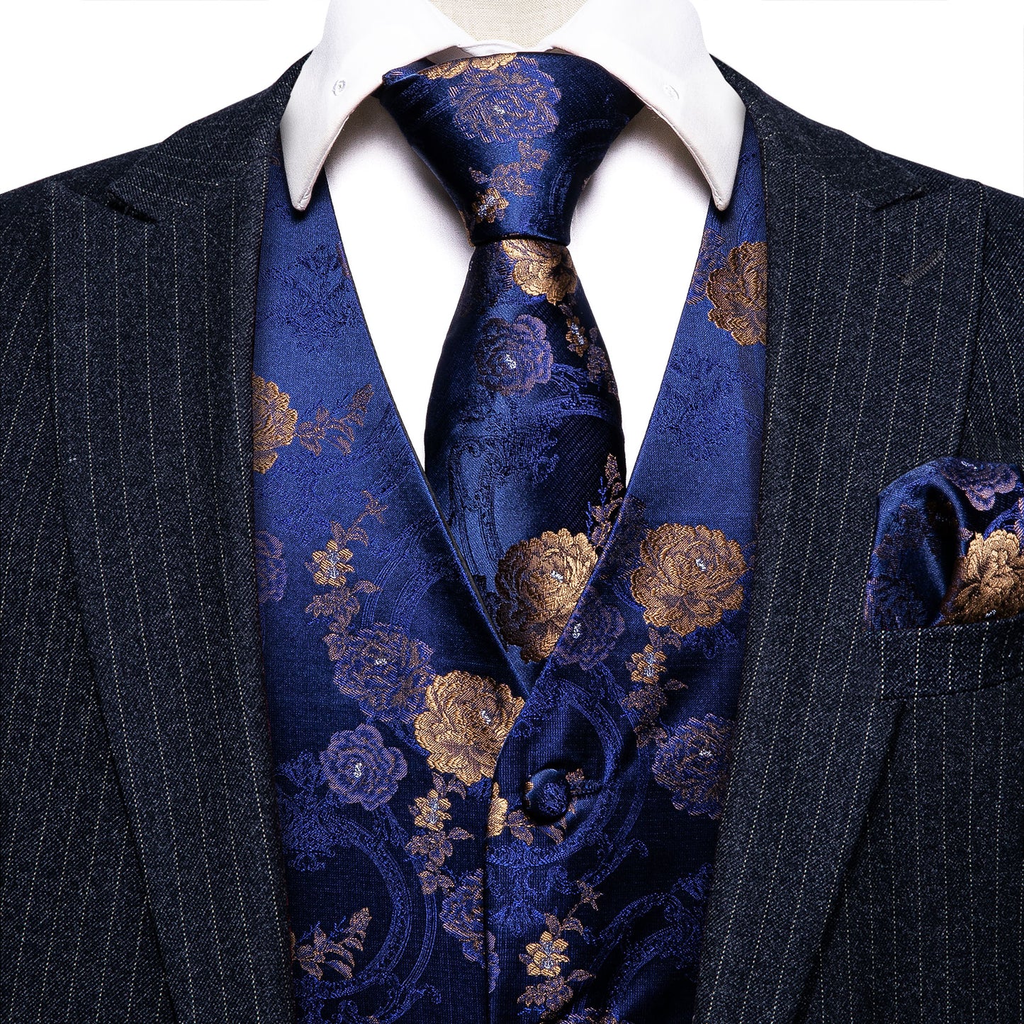 Designer Floral Waistcoat Silky Novelty Vest Paisley Garden Blue