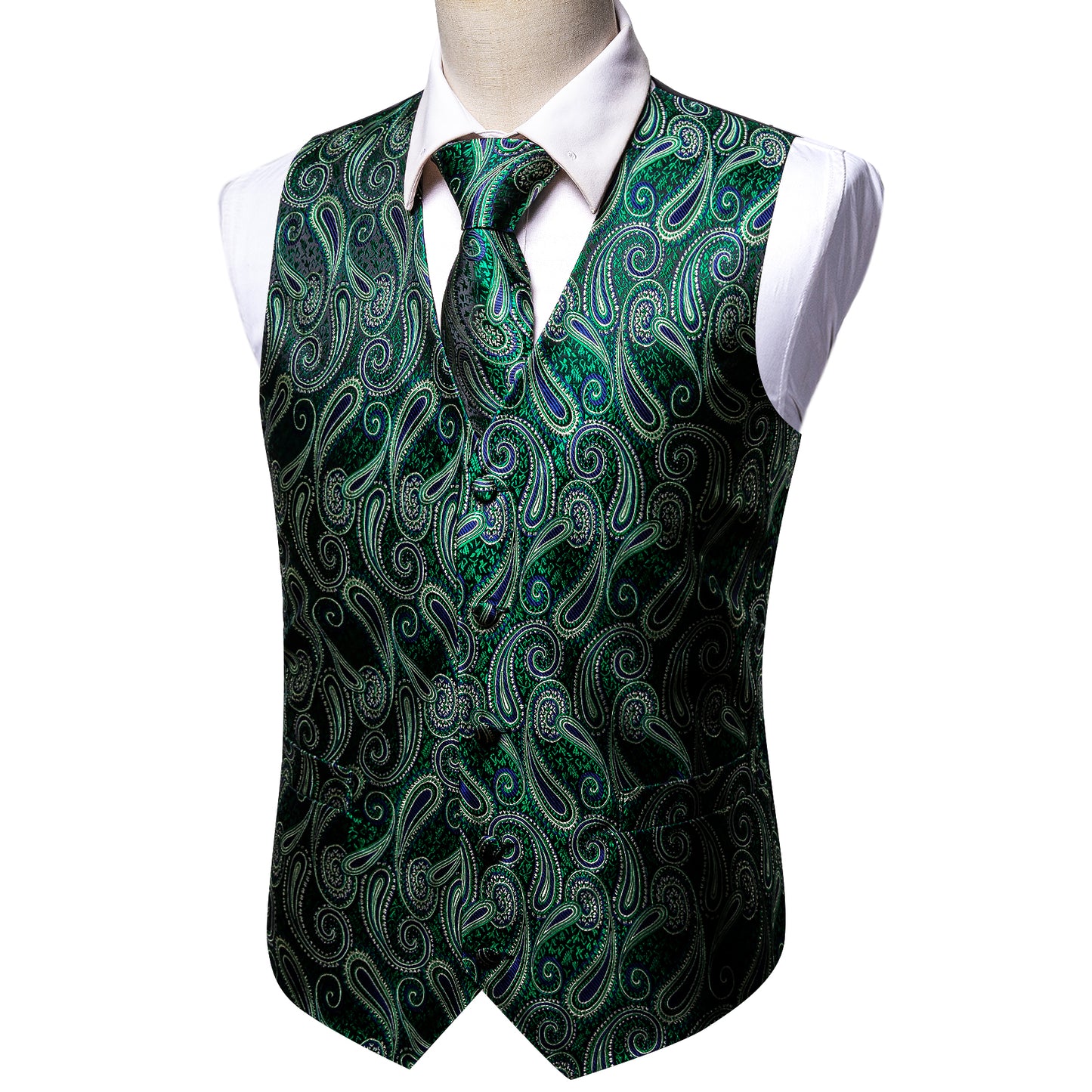 Designer Floral Waistcoat Silky Novelty Vest Paisley Emerald Move